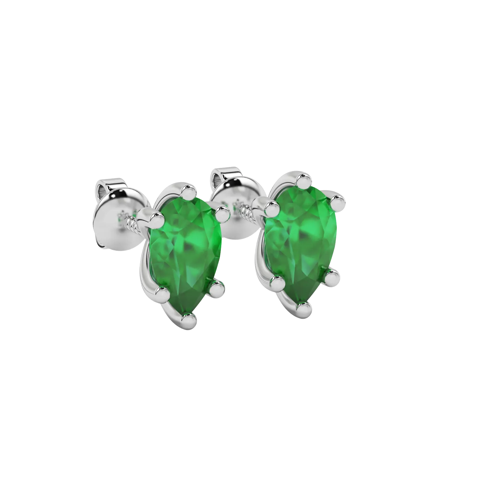 Close-up emerald green gemstone, white gold six-prong setting.