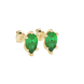 Close-up, pear shape emerald green gemstone, yellow gold six-prong earrings.