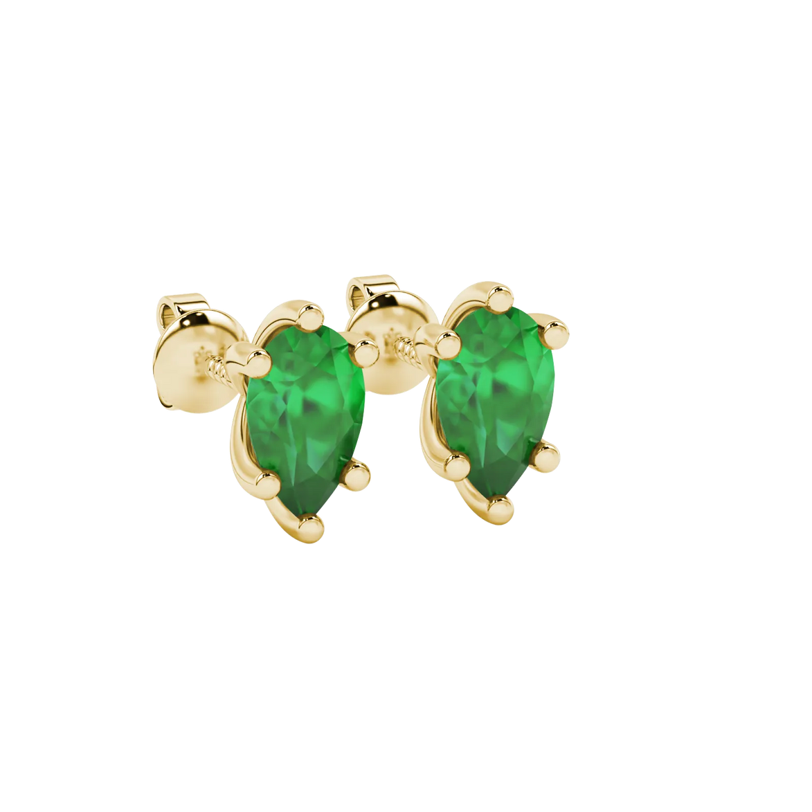 Close-up, pear shape emerald green gemstone, yellow gold six-prong earrings.
