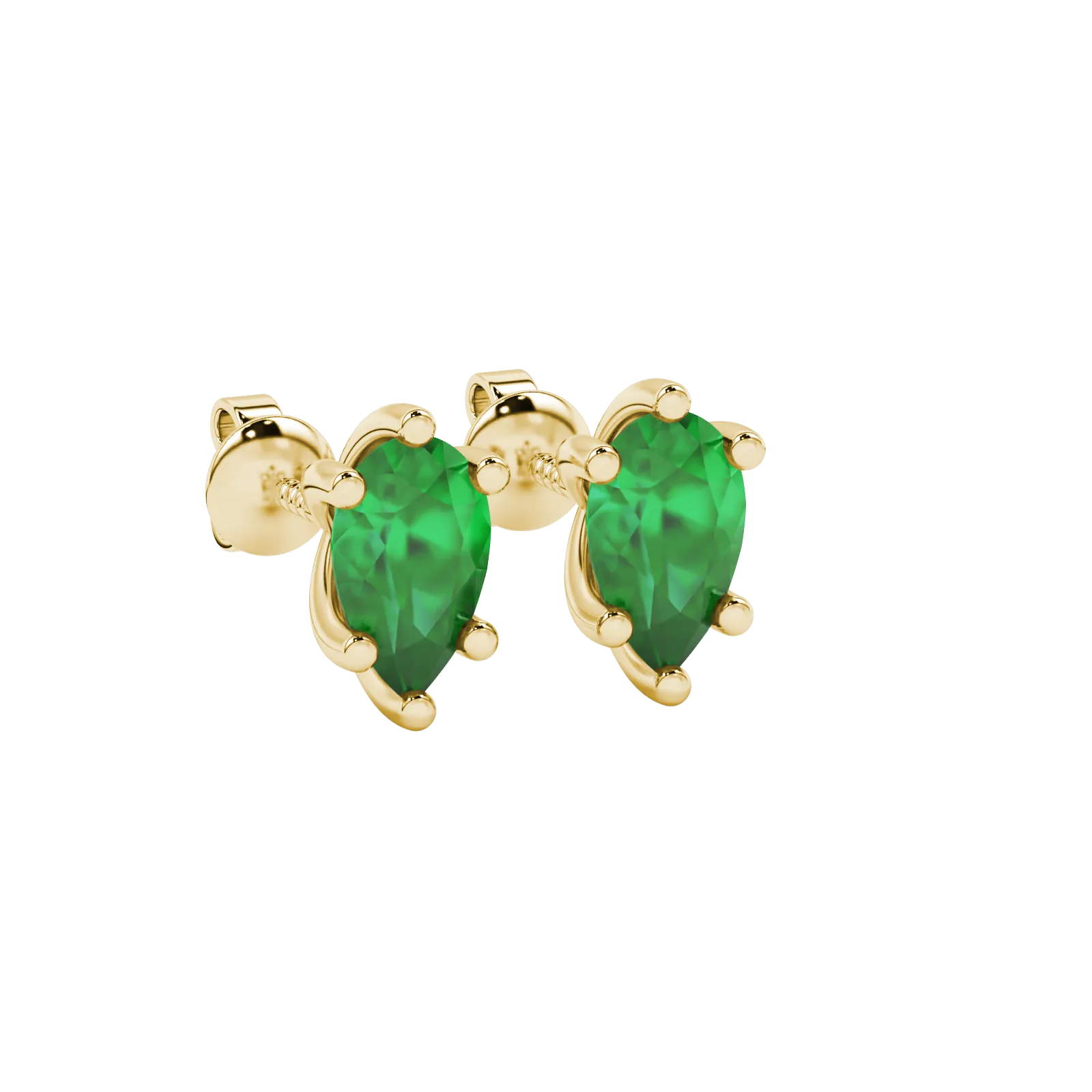 Close-up, pear shape emerald green gemstone, yellow gold six-prong earrings.