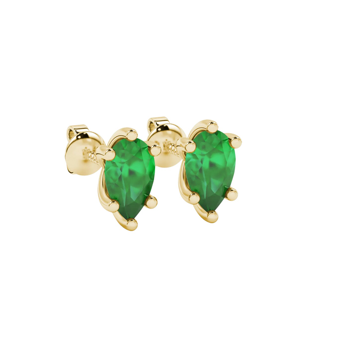 Close-up, pear shape emerald green gemstone, yellow gold six-prong earrings.