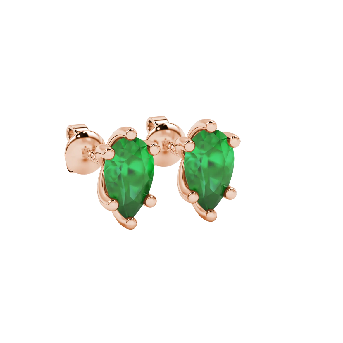Close-up, pear shape emerald green gemstone earrings, rose gold six-prong setting.