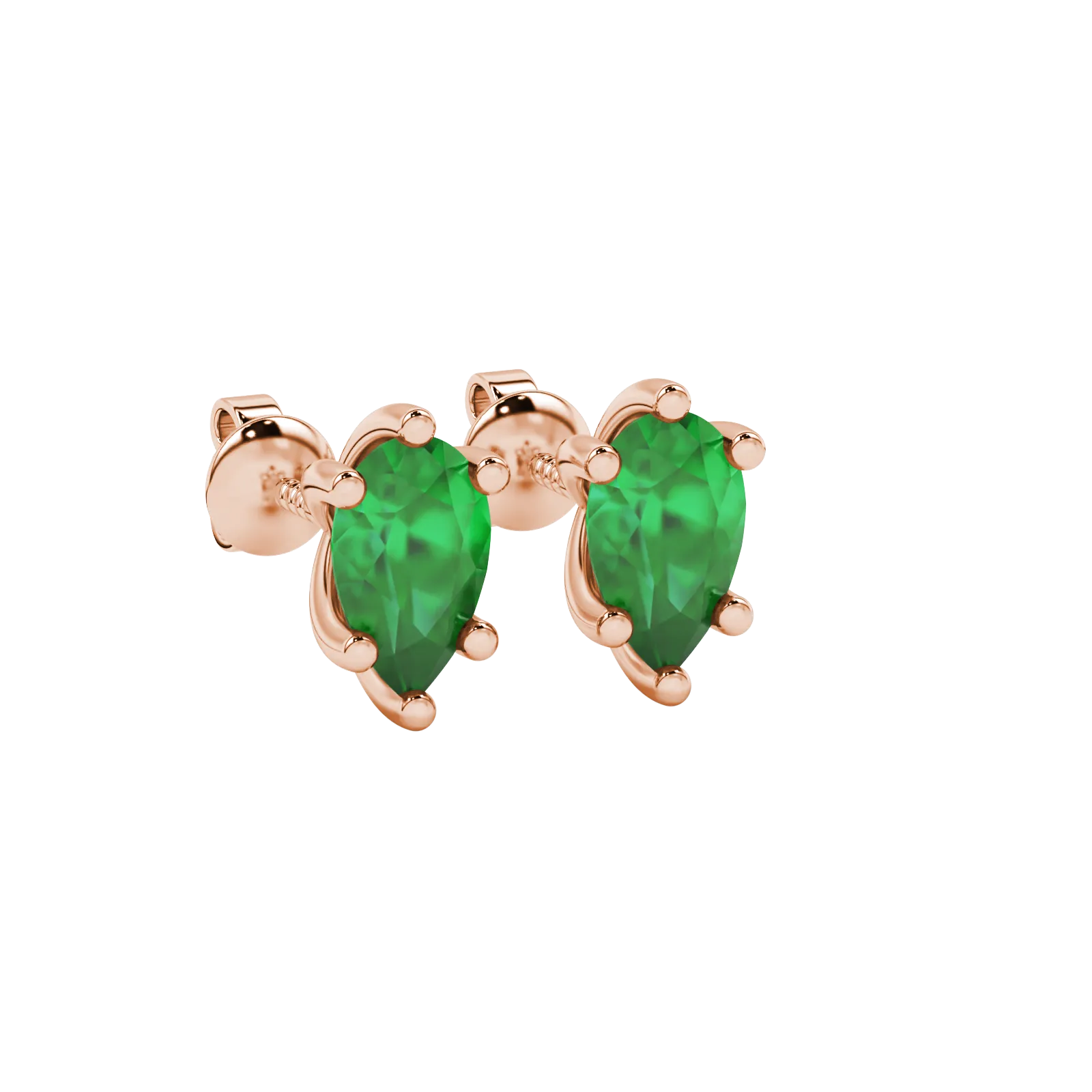 Close-up, pear shape emerald green gemstone earrings, rose gold six-prong setting.