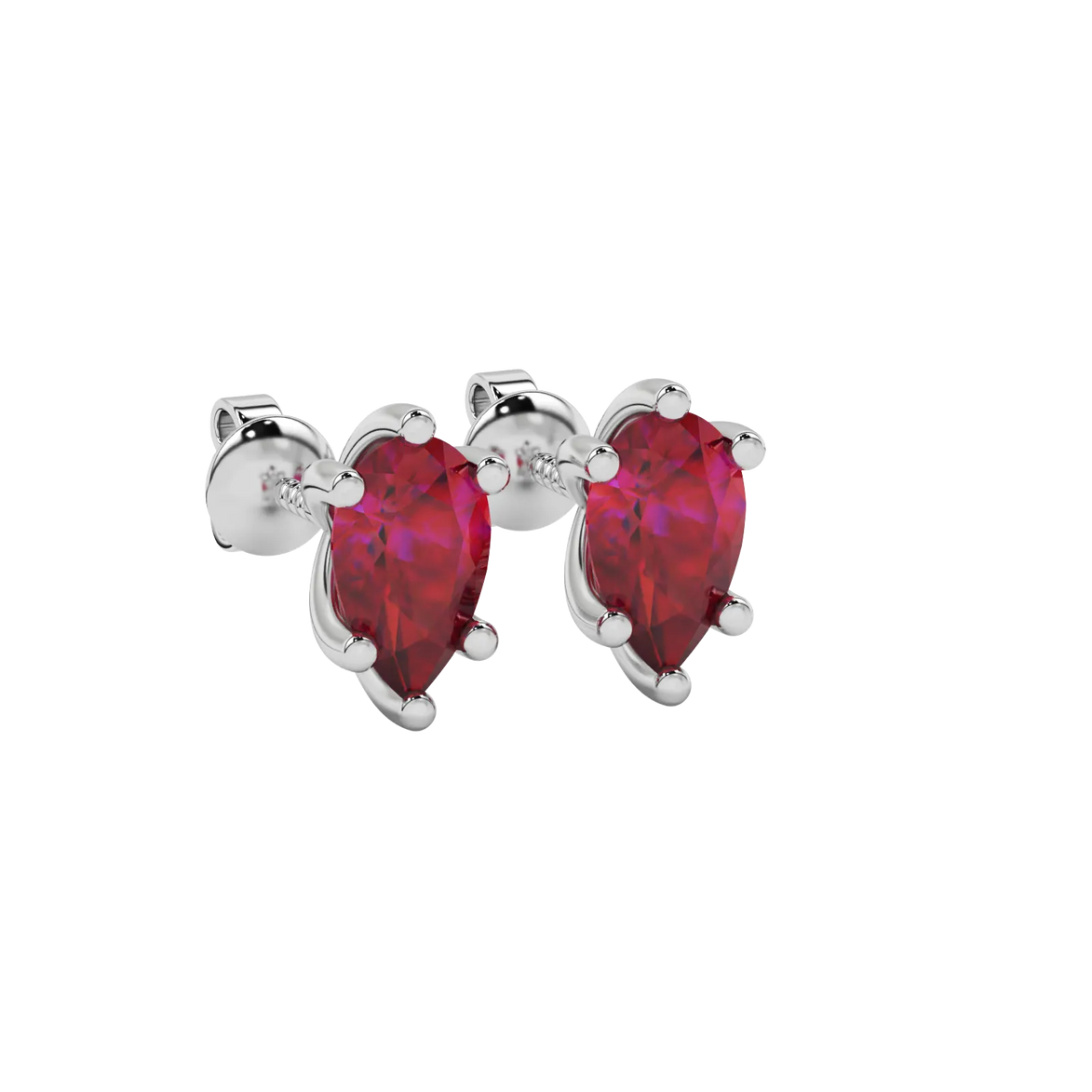 Close-up raspberry red gemstone, white gold six-prong setting.