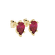 Close-up, pear shape raspberry red gemstone, yellow gold six-prong earrings.
