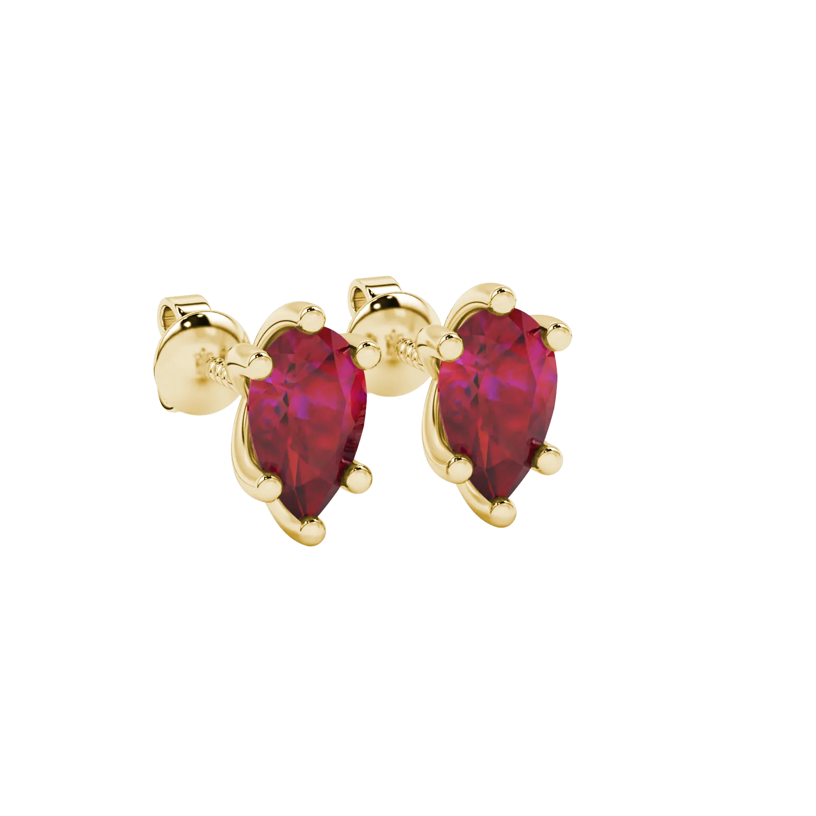 Close-up, pear shape raspberry red gemstone, yellow gold six-prong earrings.