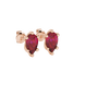 Close-up, pear shape raspberry red gemstone earrings, rose gold six-prong setting.