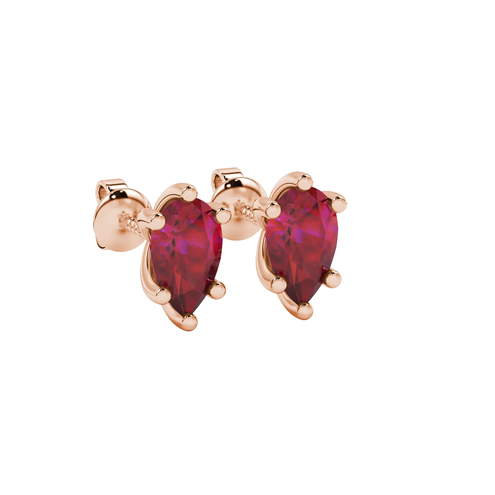 Close-up, pear shape raspberry red gemstone earrings, rose gold six-prong setting.