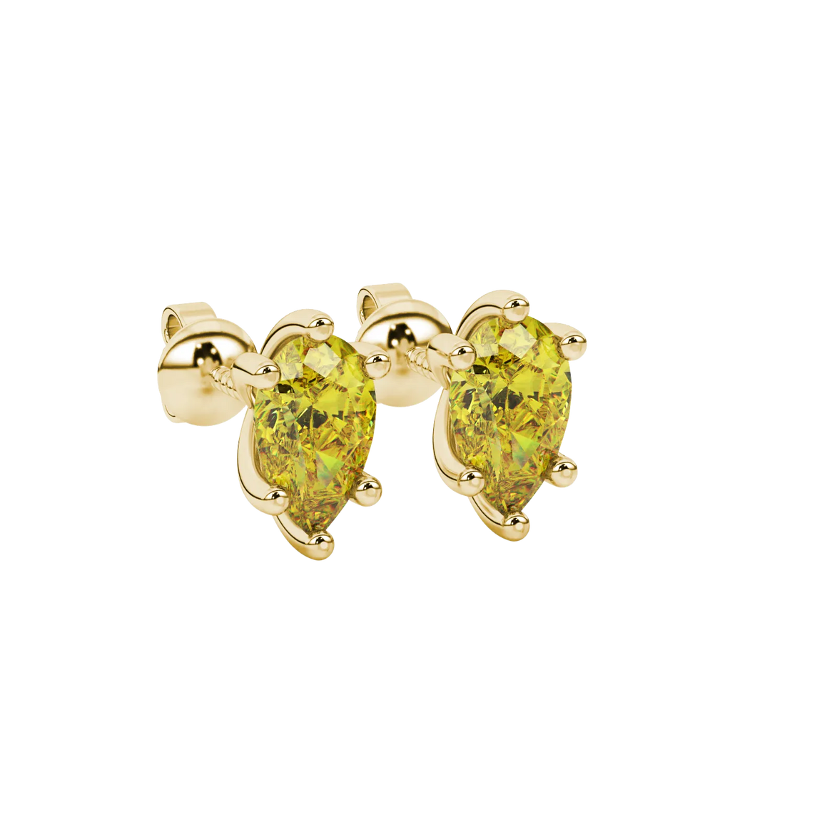 Close-up, pear shape canary yellow gemstone, yellow gold six-prong earrings.