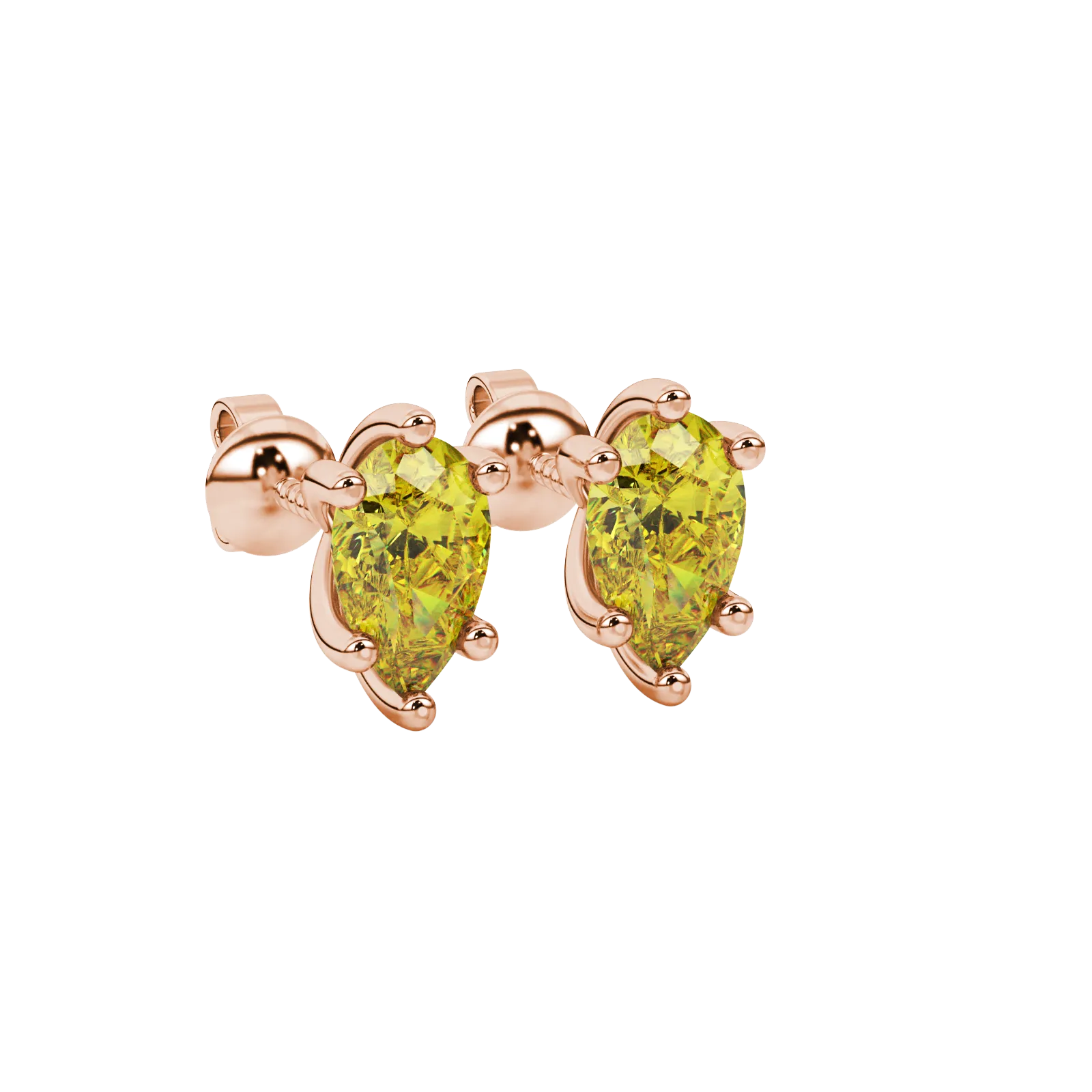 Close-up, pear shape canary yellow gemstone earrings, rose gold six-prong setting.