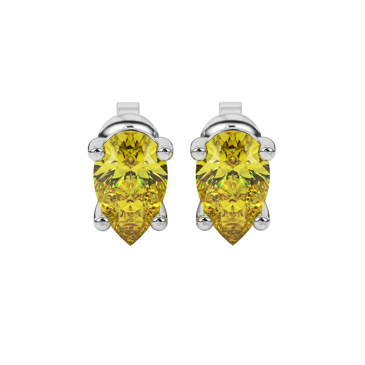Pear shape canary yellow gemstone earrings, white gold classic basket setting.