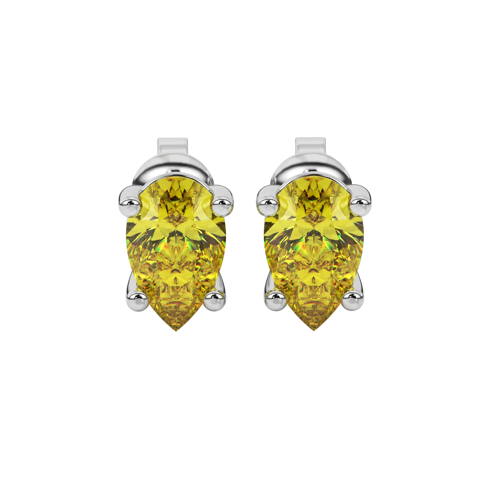 Pear shape canary yellow gemstone earrings, white gold classic basket setting.