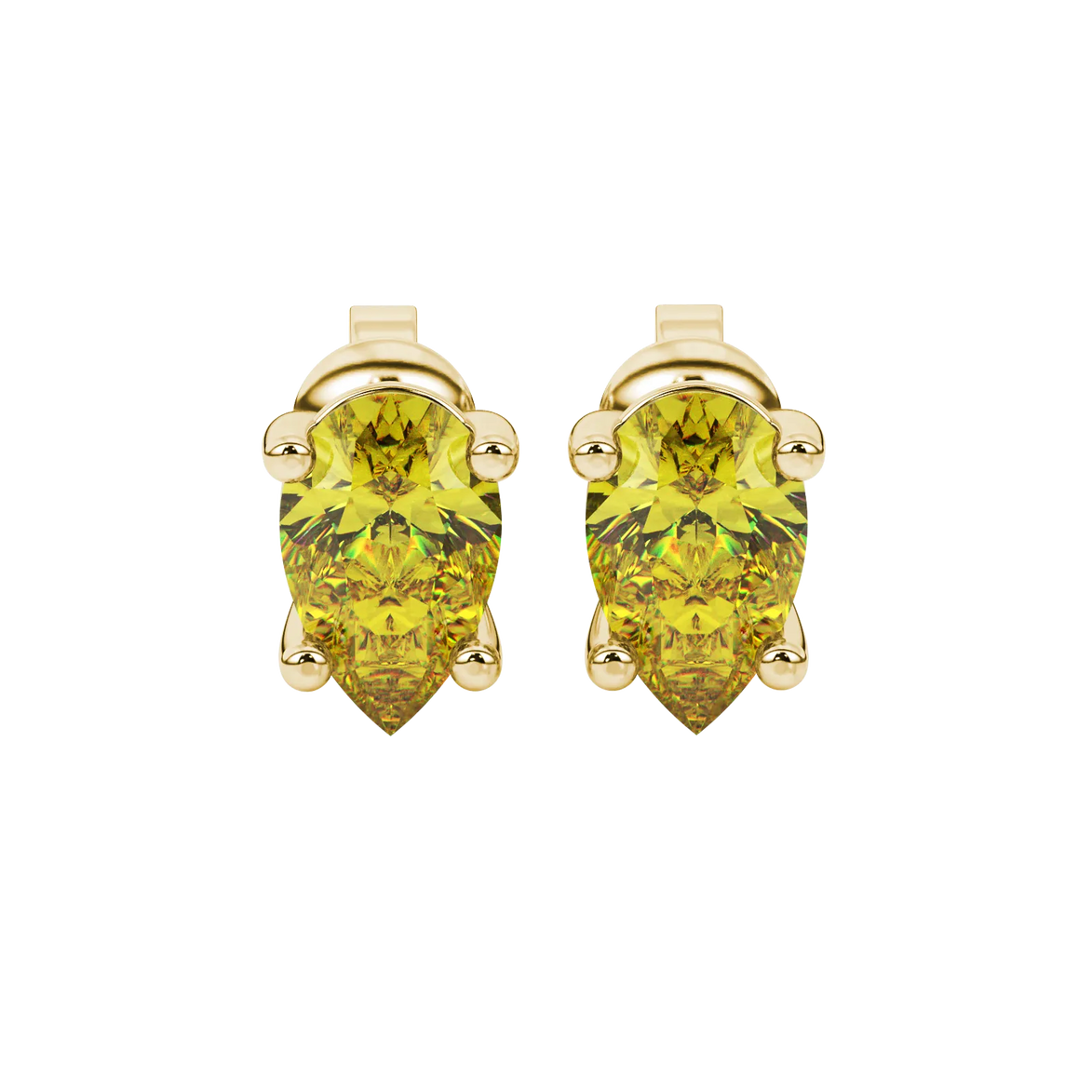 Pear shape canary yellow gemstone earrings, yellow gold classic basket setting.