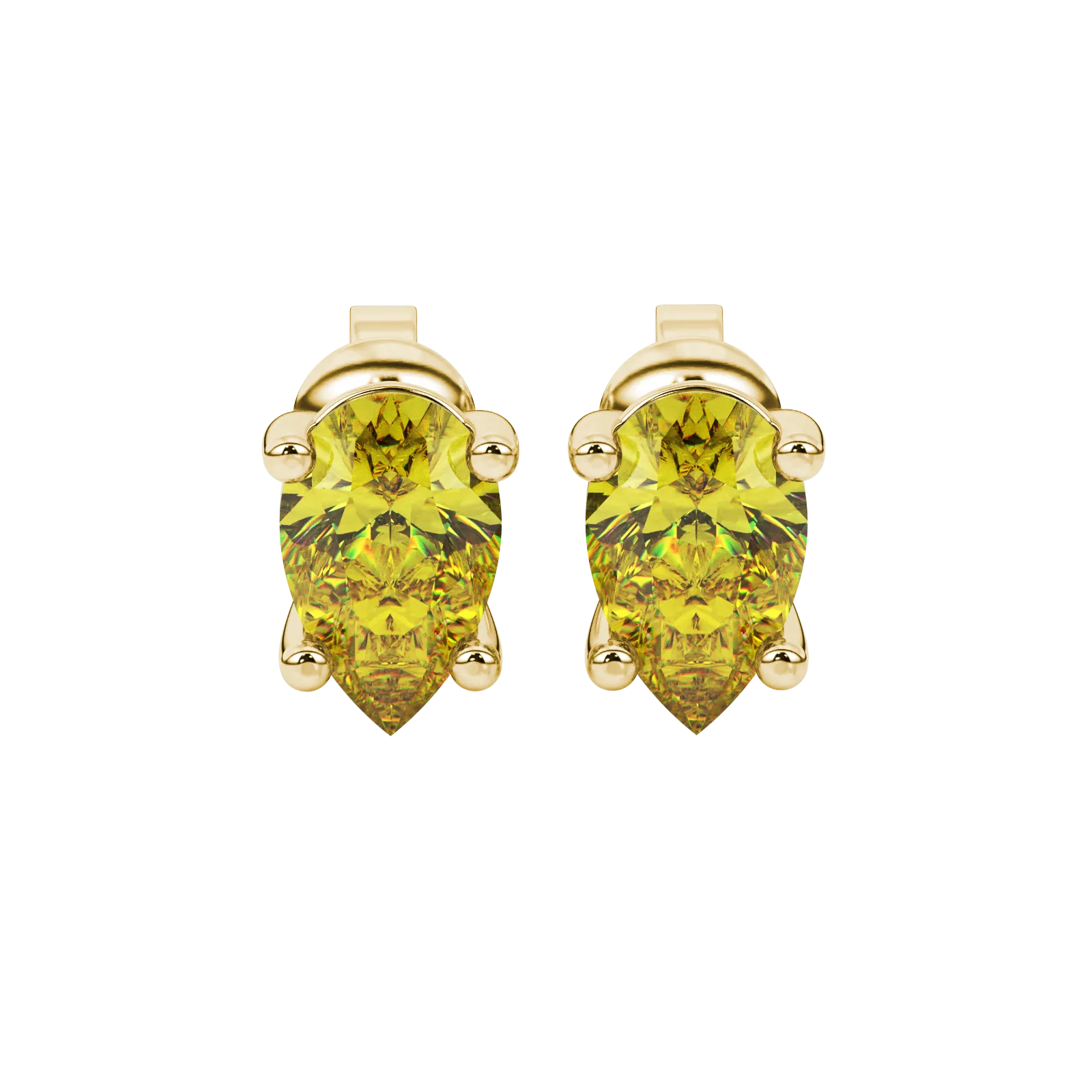 Pear shape canary yellow gemstone earrings, yellow gold classic basket setting.