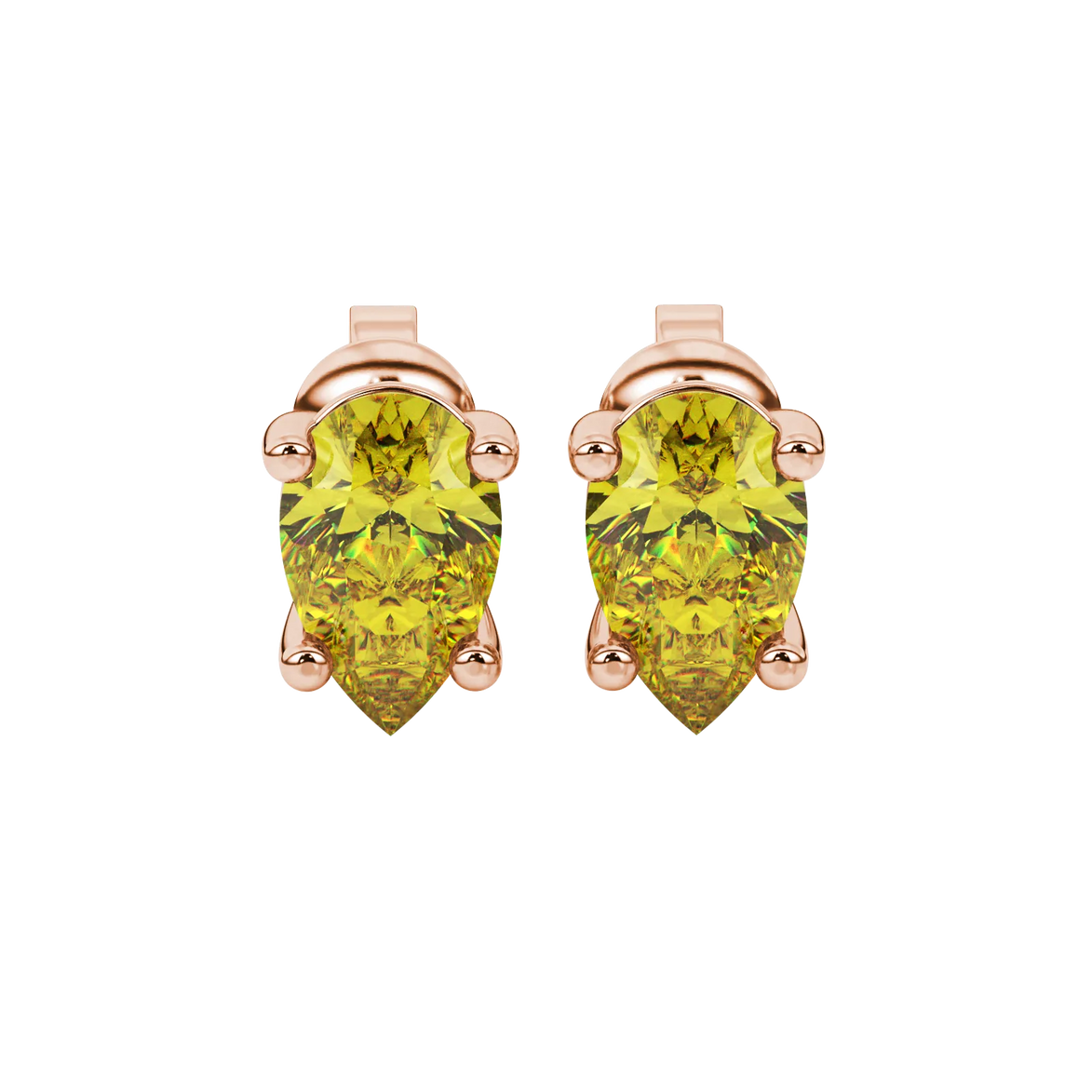 Pear shape canary yellow gemstone earrings, rose gold classic basket setting.