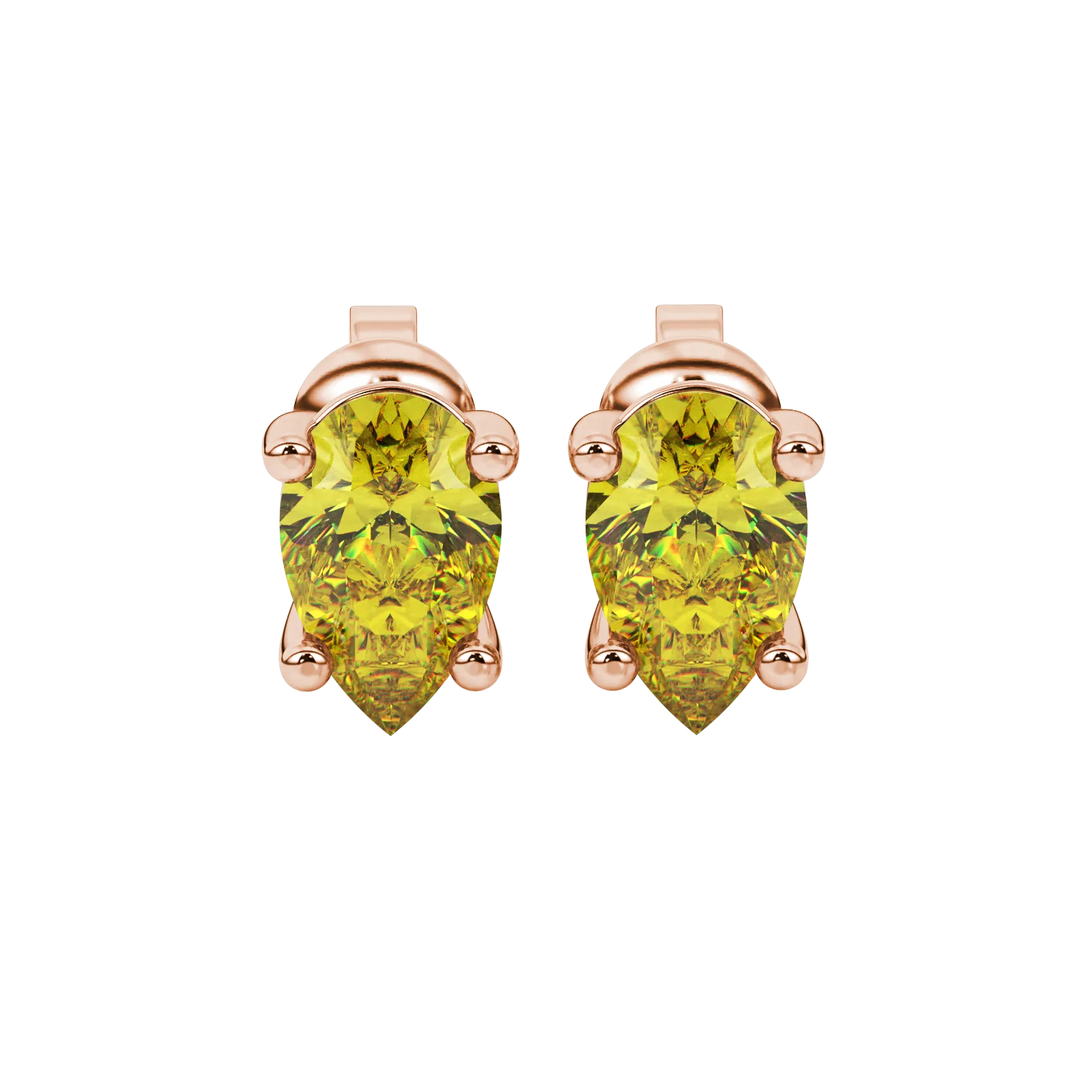 Pear shape canary yellow gemstone earrings, rose gold classic basket setting.