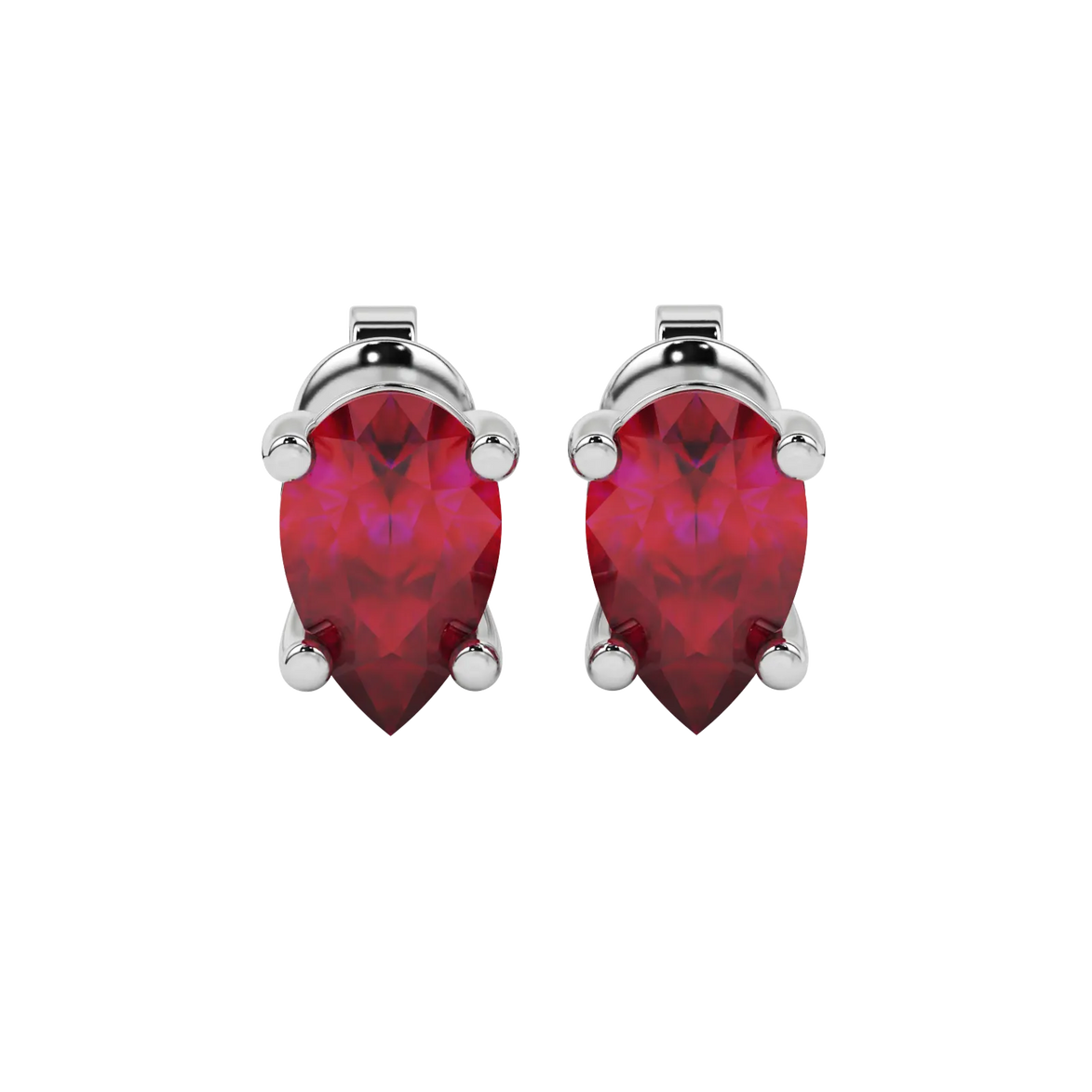 Pear shape raspberry red gemstone earrings, white gold classic basket setting.