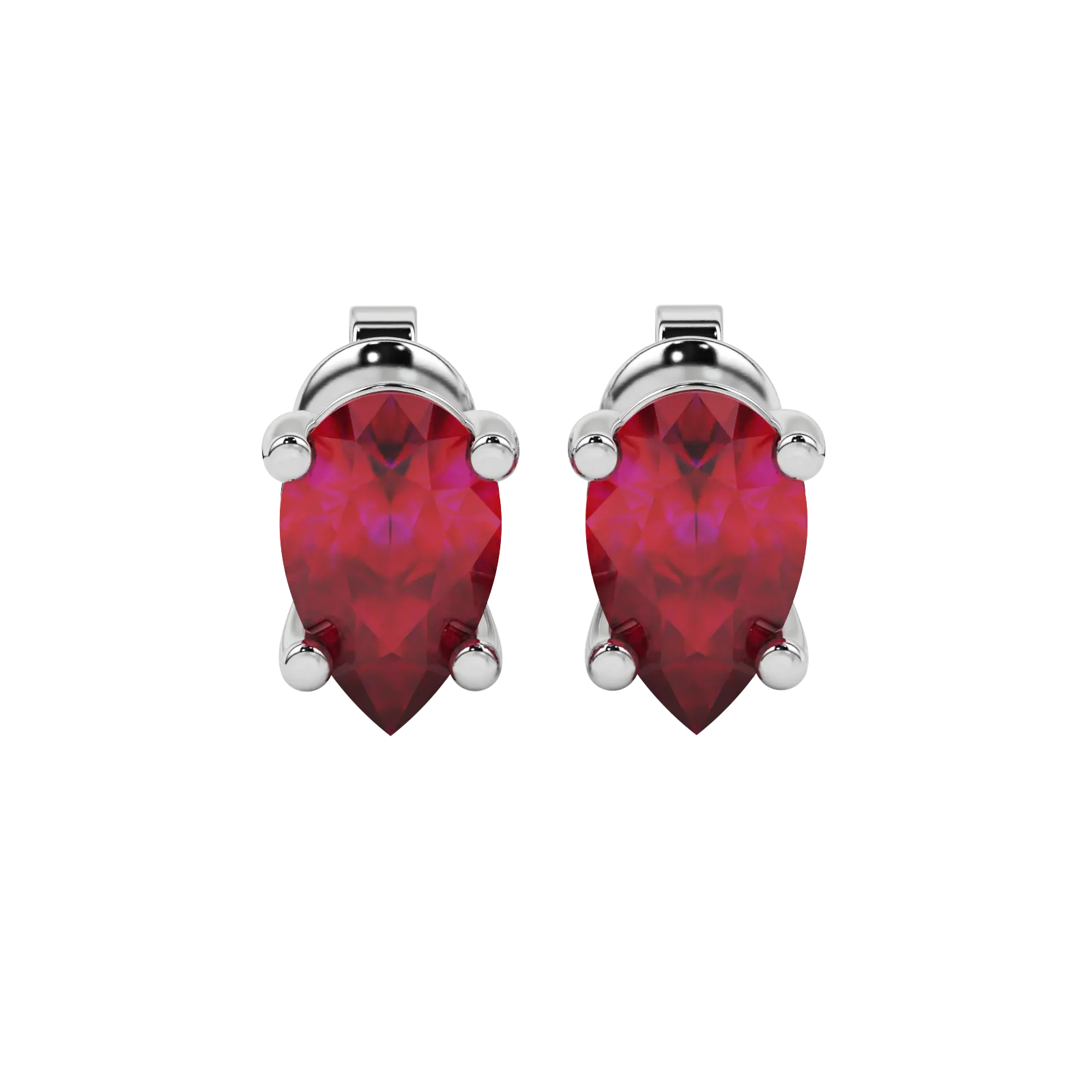 Pear shape raspberry red gemstone earrings, white gold classic basket setting.