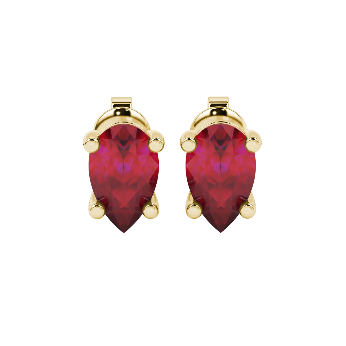 Pear shape raspberry red gemstone earrings, yellow gold classic basket setting.