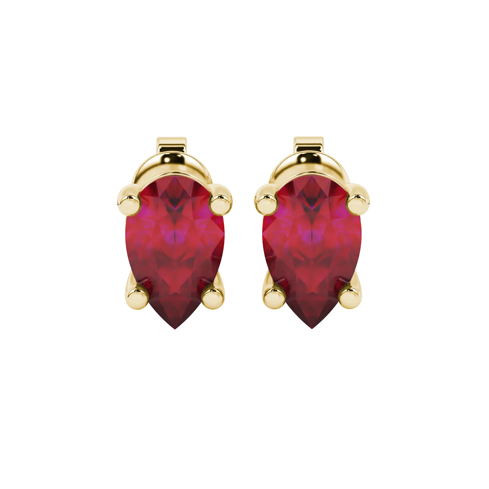 Pear shape raspberry red gemstone earrings, yellow gold classic basket setting.