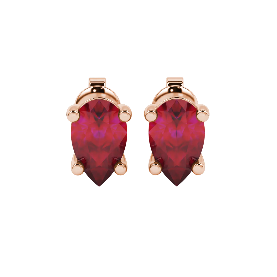 Pear shape raspberry red gemstone earrings, rose gold classic basket setting.