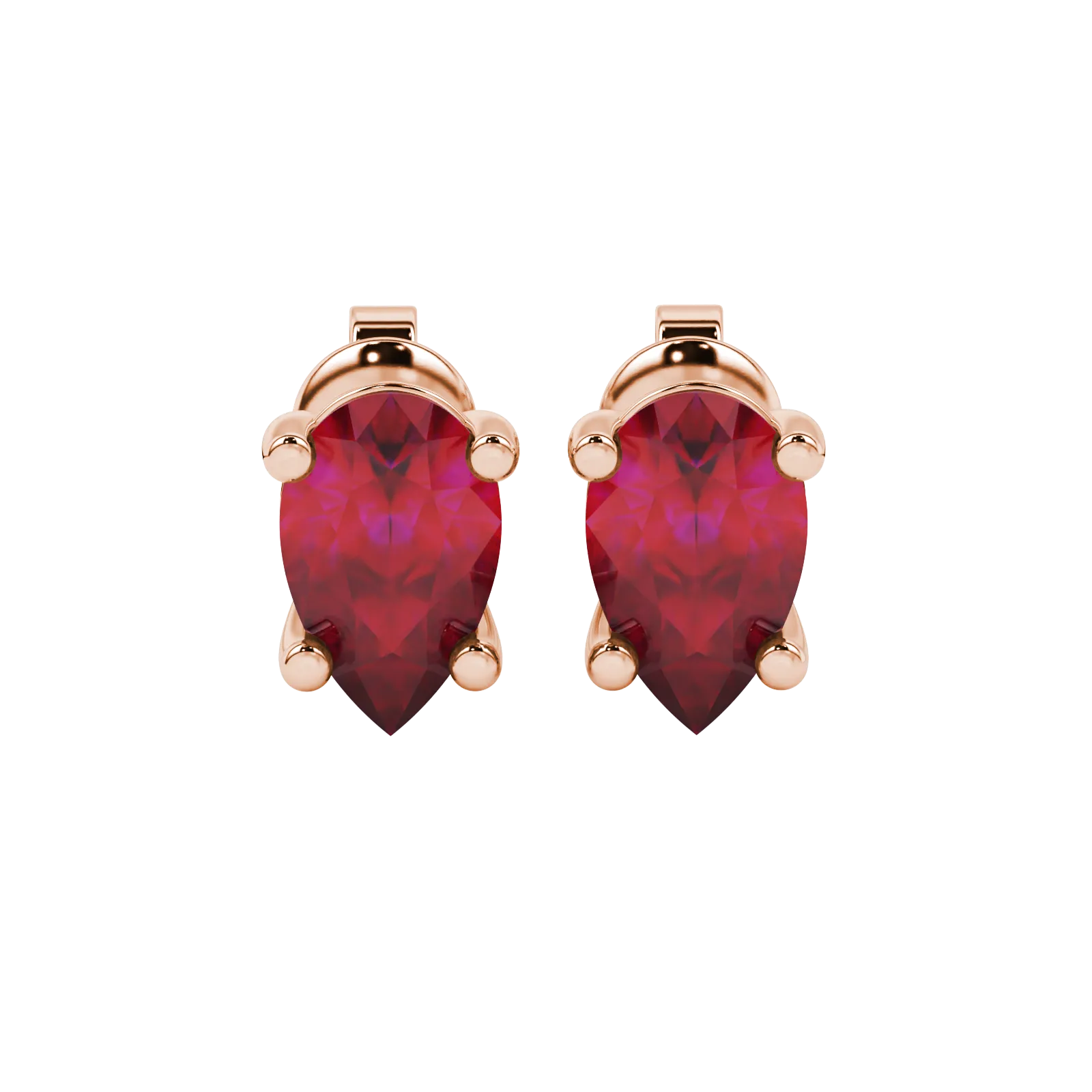 Pear shape raspberry red gemstone earrings, rose gold classic basket setting.
