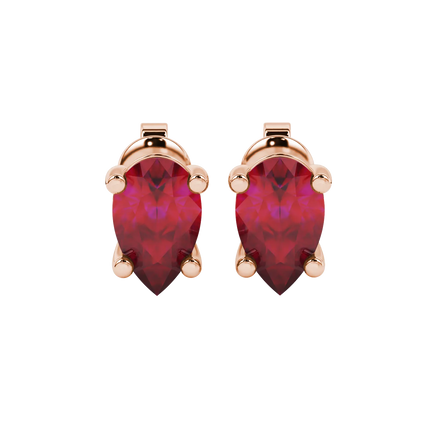 Pear shape raspberry red gemstone earrings, rose gold classic basket setting.