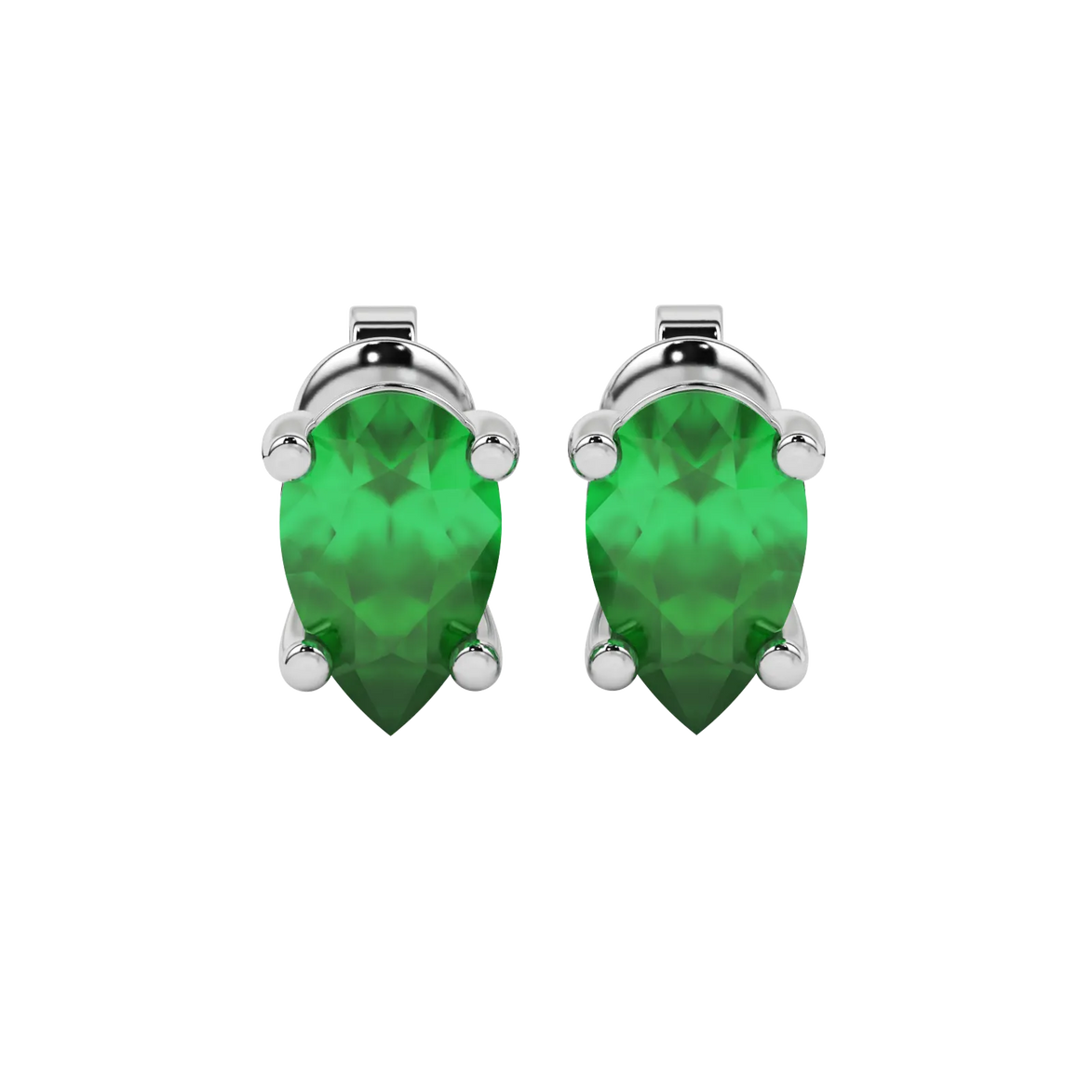 Pear shape emerald green gemstone earrings, white gold classic basket setting.