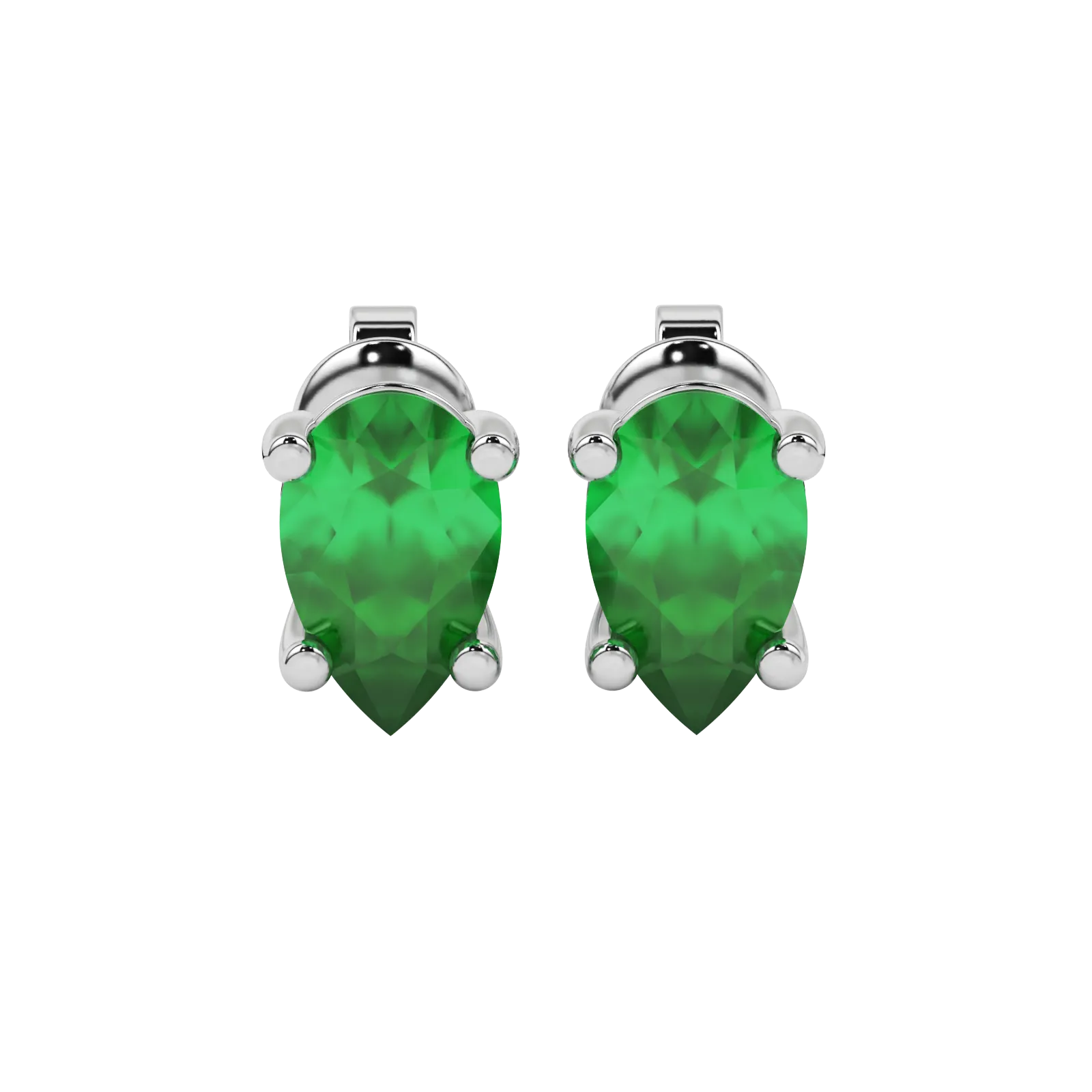 Pear shape emerald green gemstone earrings, white gold classic basket setting.