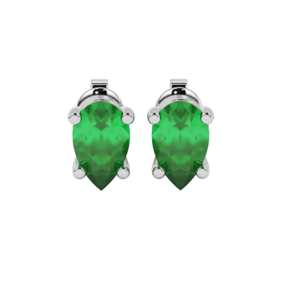 Pear shape emerald green gemstone earrings, white gold classic basket setting.