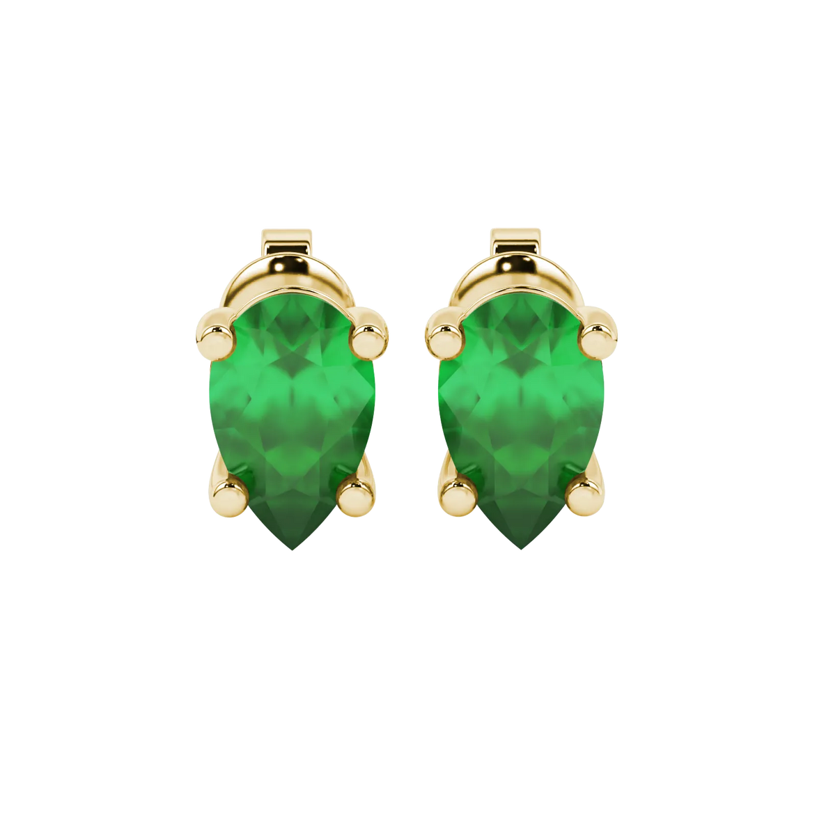 Pear shape emerald green gemstone earrings, yellow gold classic basket setting.