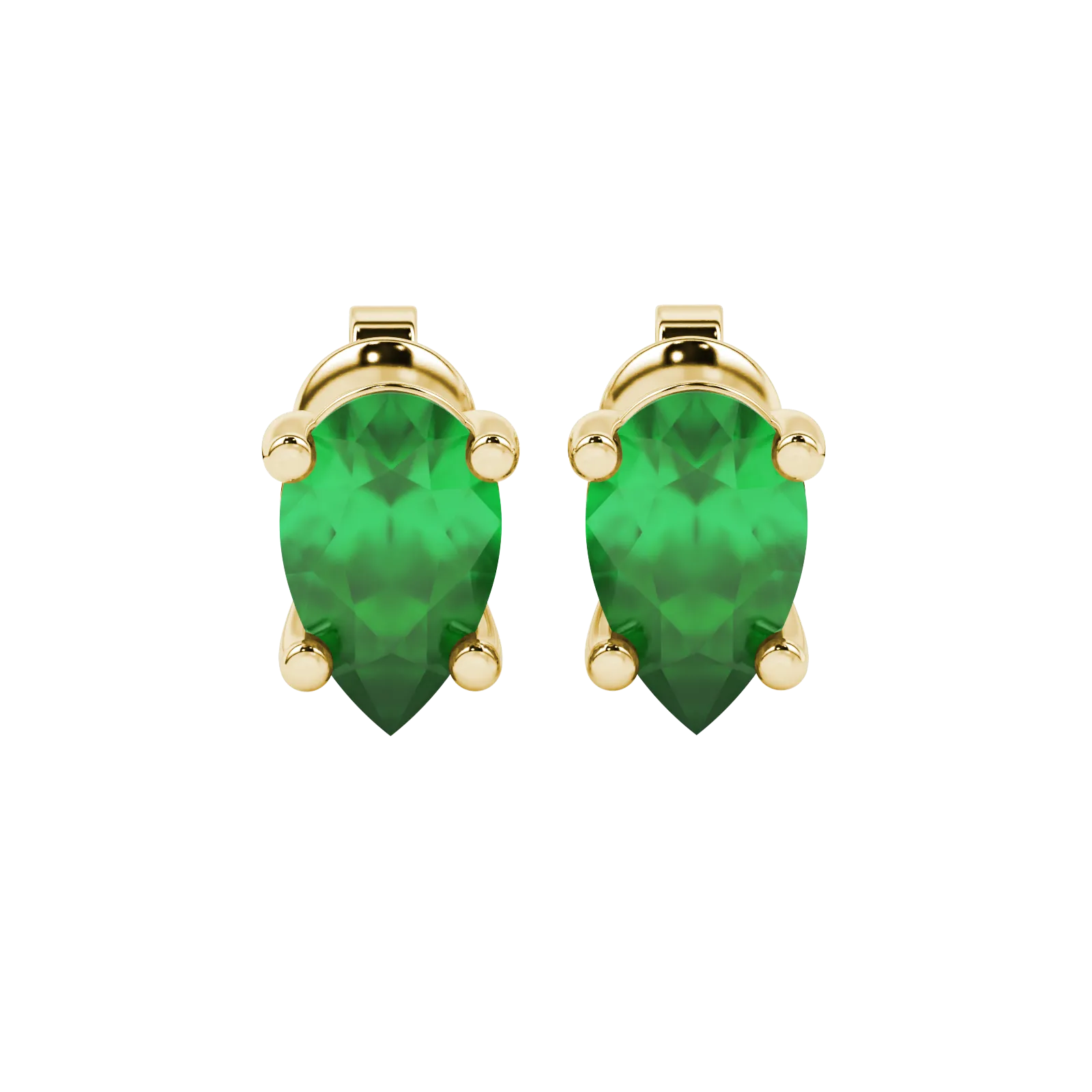 Pear shape emerald green gemstone earrings, yellow gold classic basket setting.