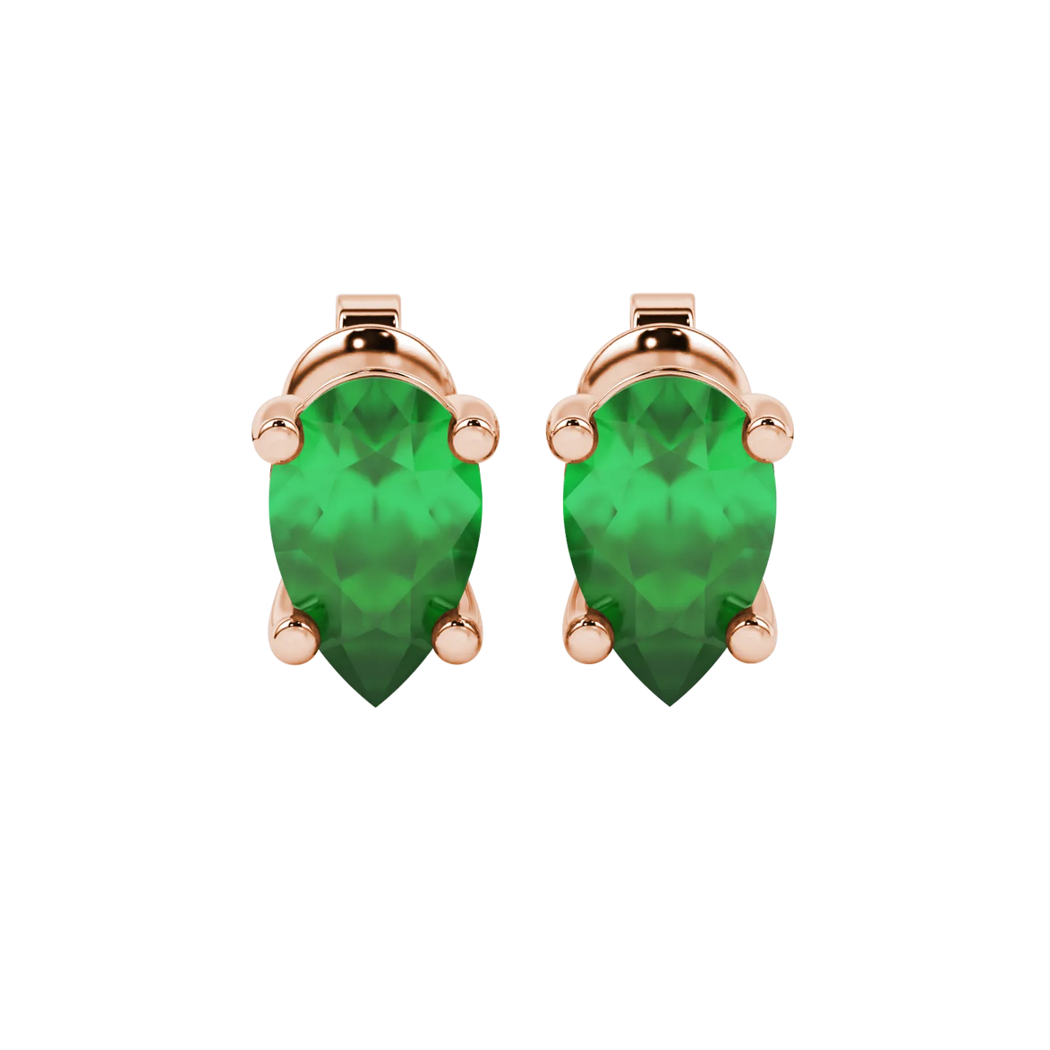 Pear shape emerald green gemstone earrings, rose gold classic basket setting.