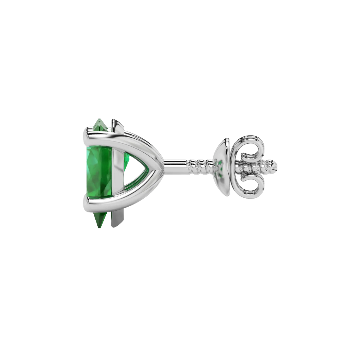 Side profile, white gold emerald green earrings, classic basket gallery.