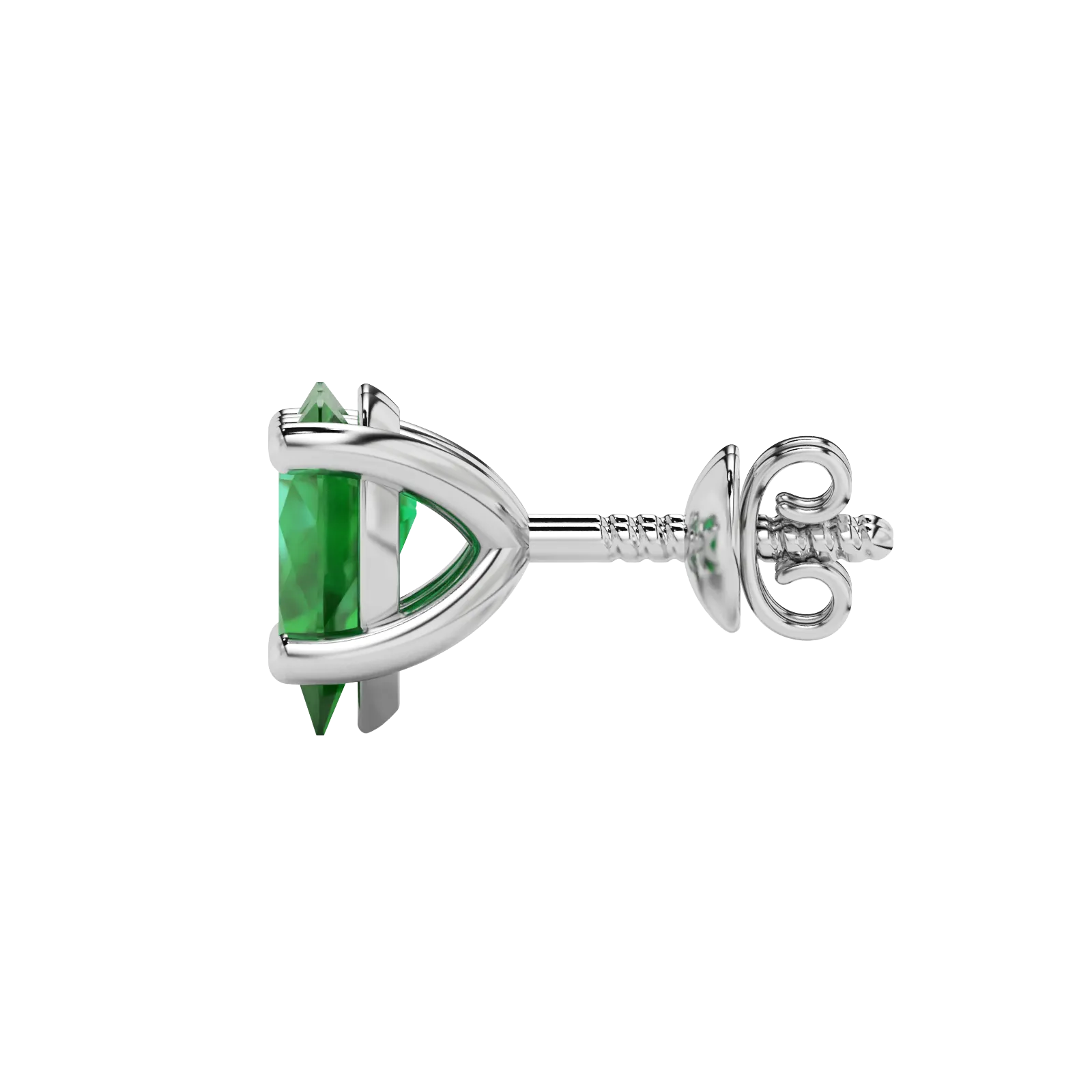 Side profile, white gold emerald green earrings, classic basket gallery.