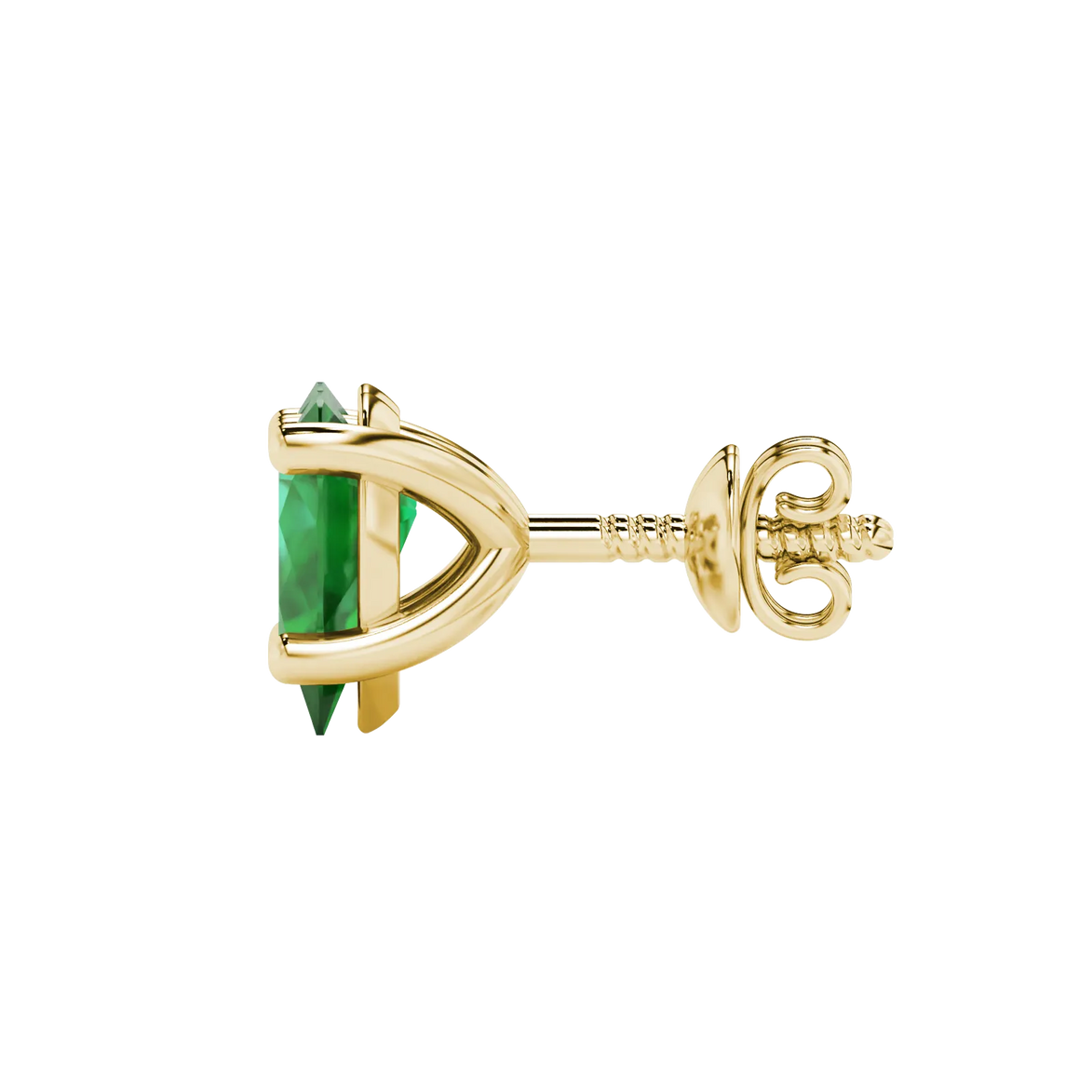 Side profile, yellow gold emerald green earrings, classic basket gallery.
