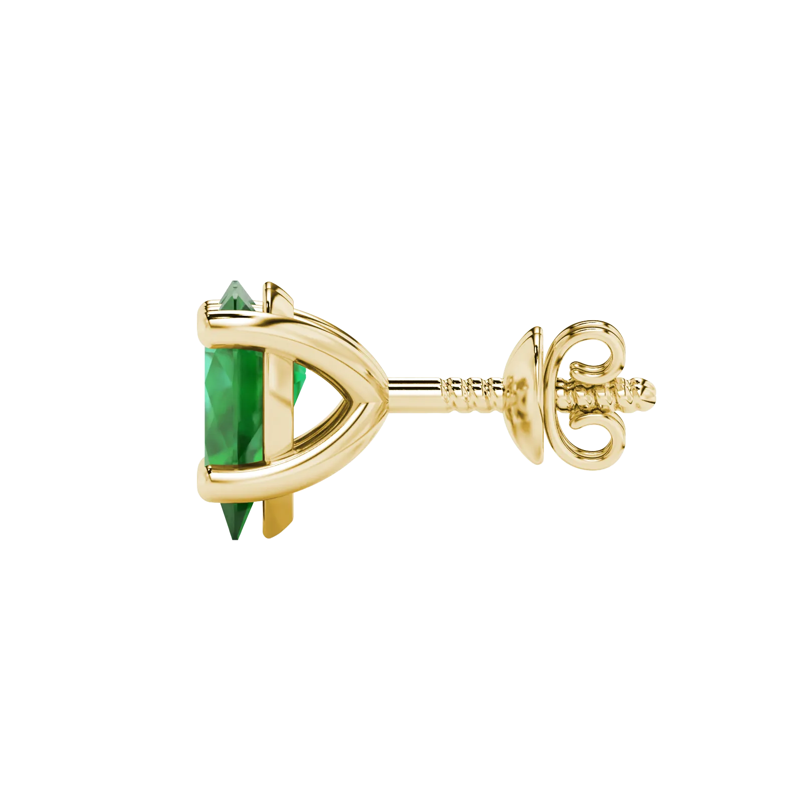 Side profile, yellow gold emerald green earrings, classic basket gallery.
