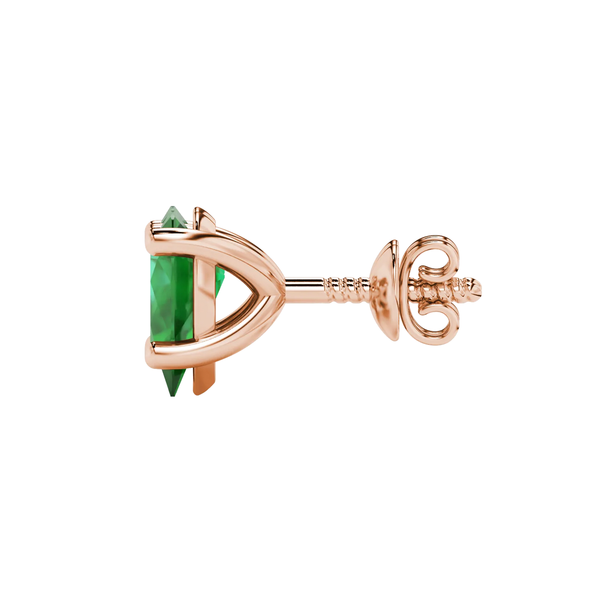 Side profile, rose gold emerald green earrings, classic basket gallery.