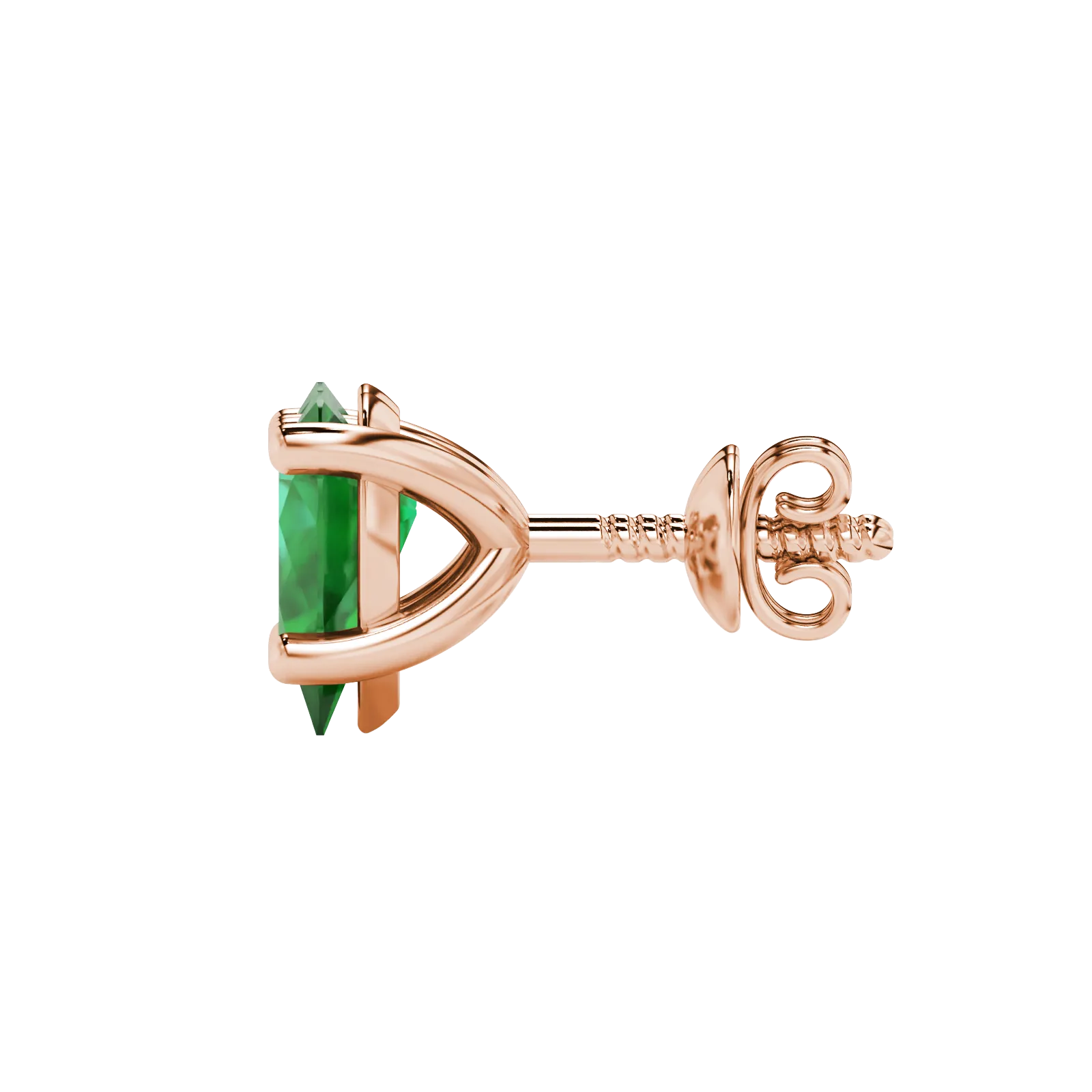 Side profile, rose gold emerald green earrings, classic basket gallery.