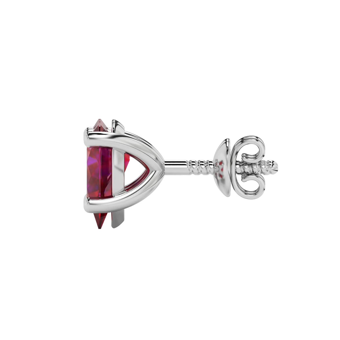 Side profile, white gold raspberry red earrings, classic basket gallery.
