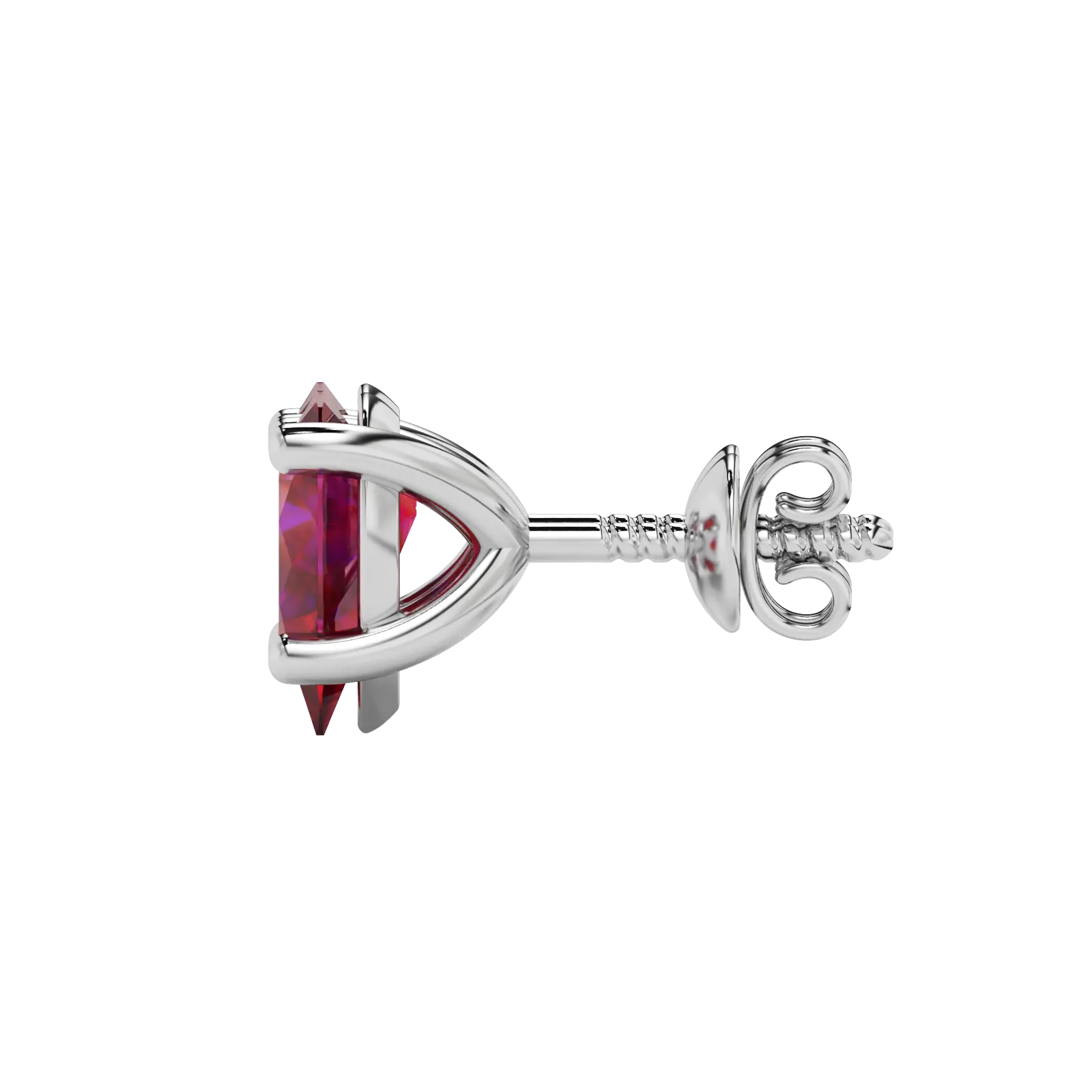Side profile, white gold raspberry red earrings, classic basket gallery.