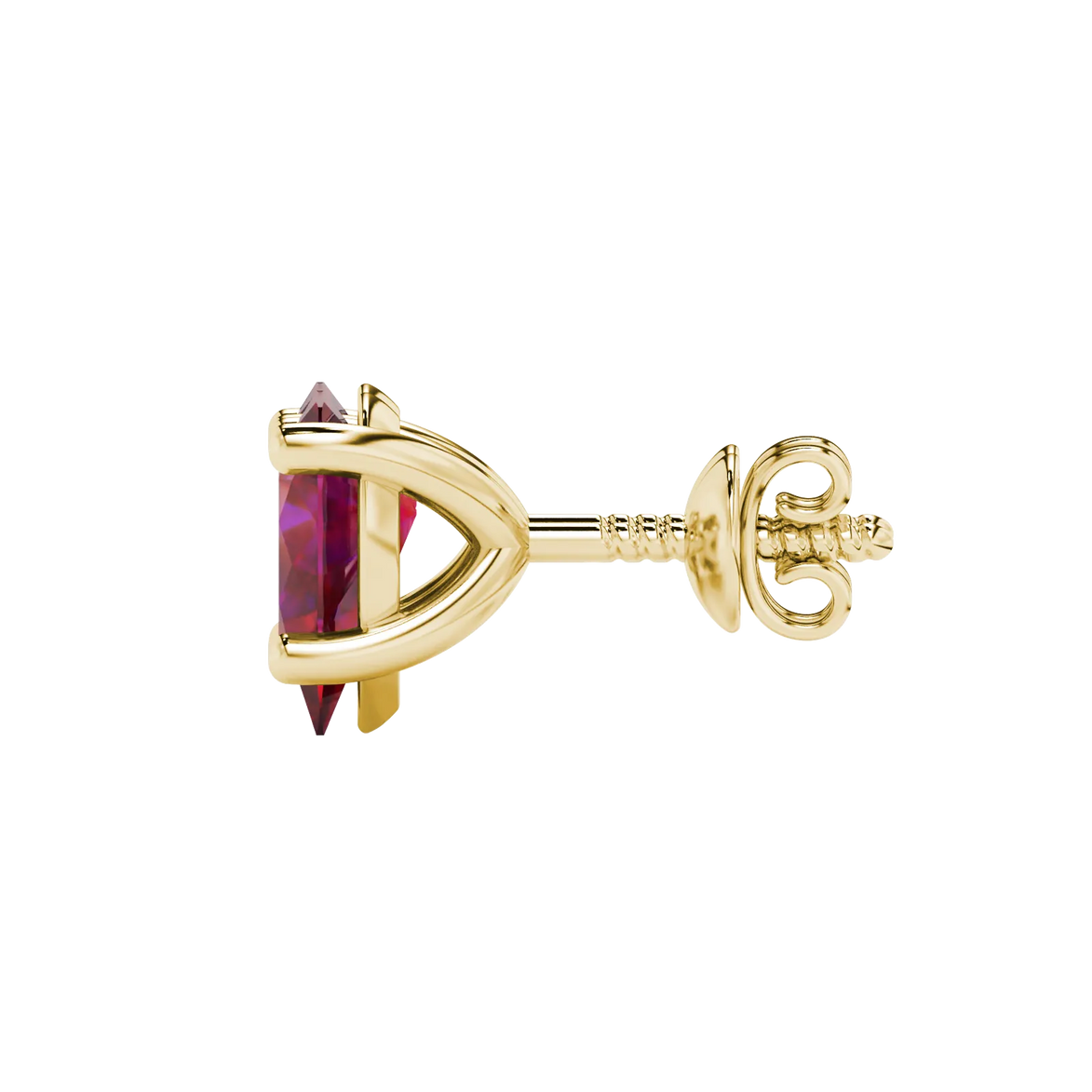 Side profile, yellow gold raspberry red earrings, classic basket gallery