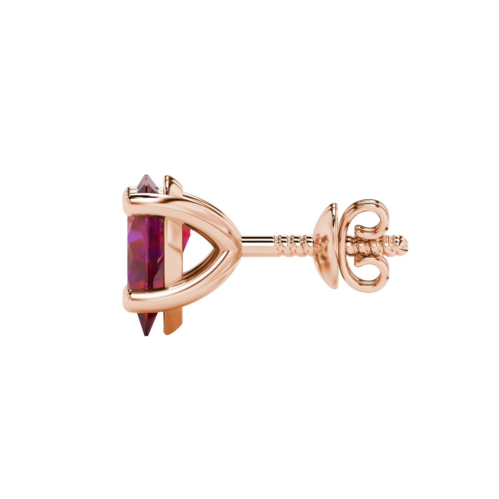 Side profile, rose gold raspberry red earrings, classic basket gallery.