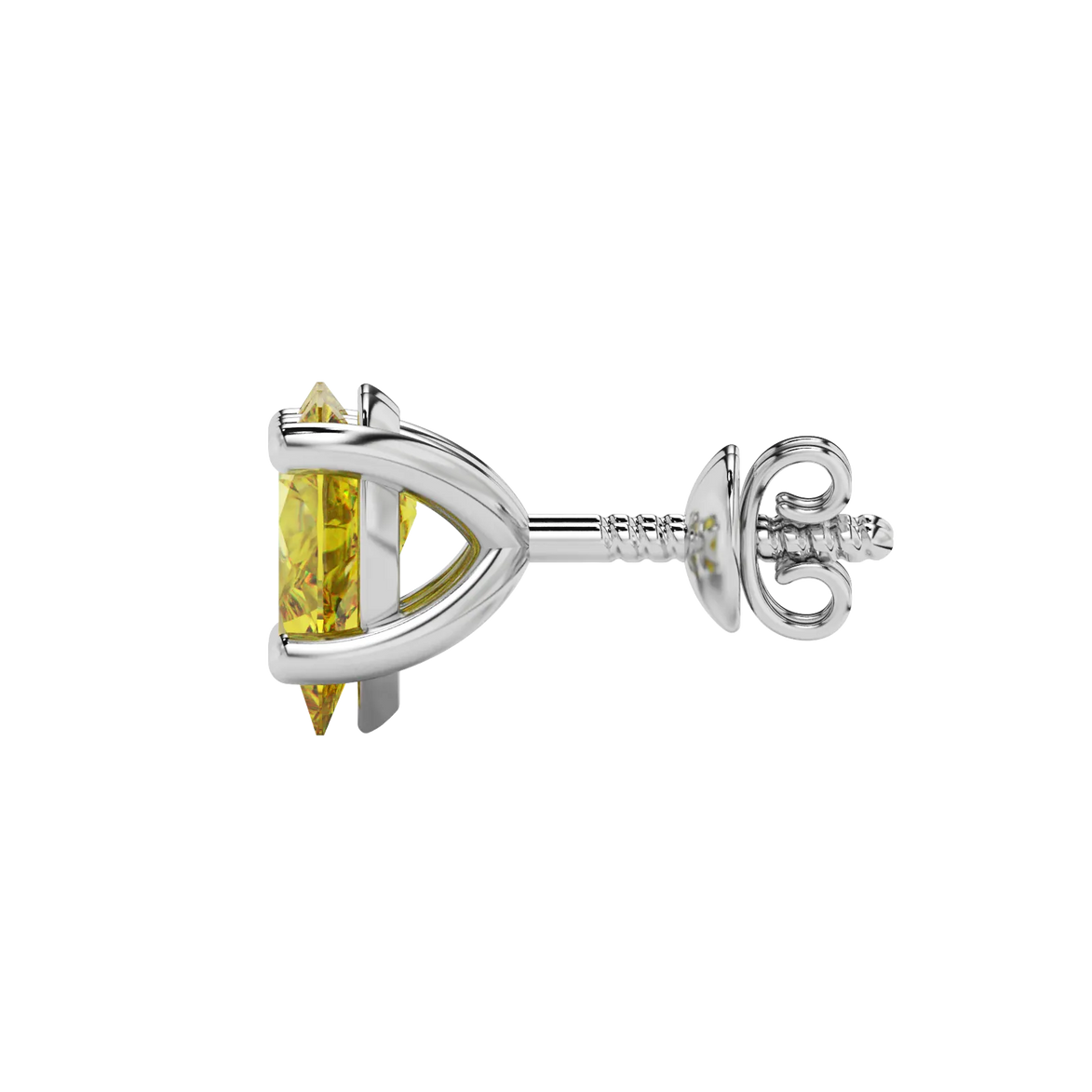 Side profile, white gold canary yellow earrings, classic basket gallery.