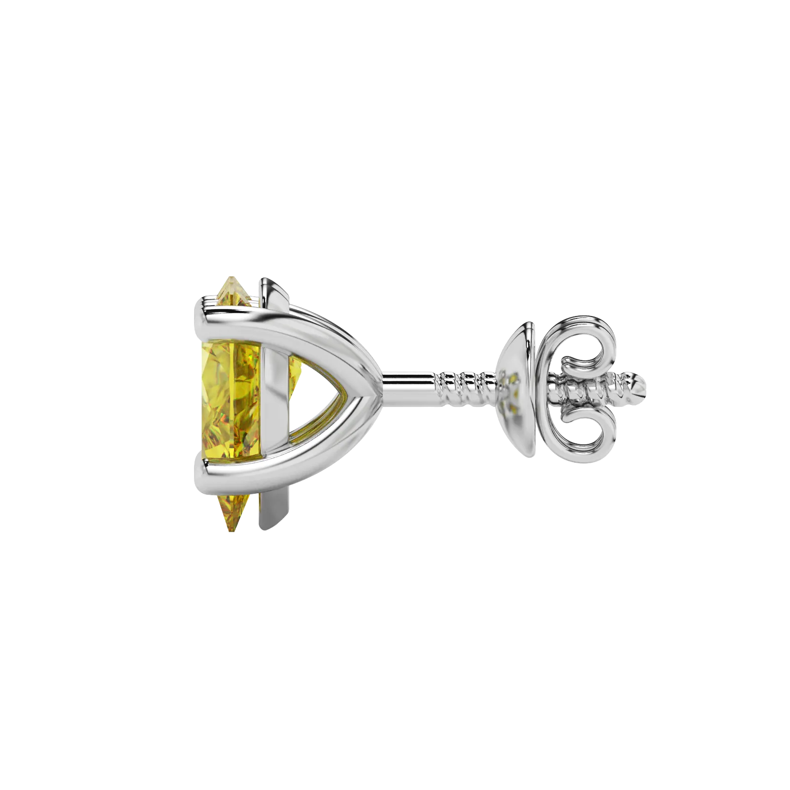 Side profile, white gold canary yellow earrings, classic basket gallery.