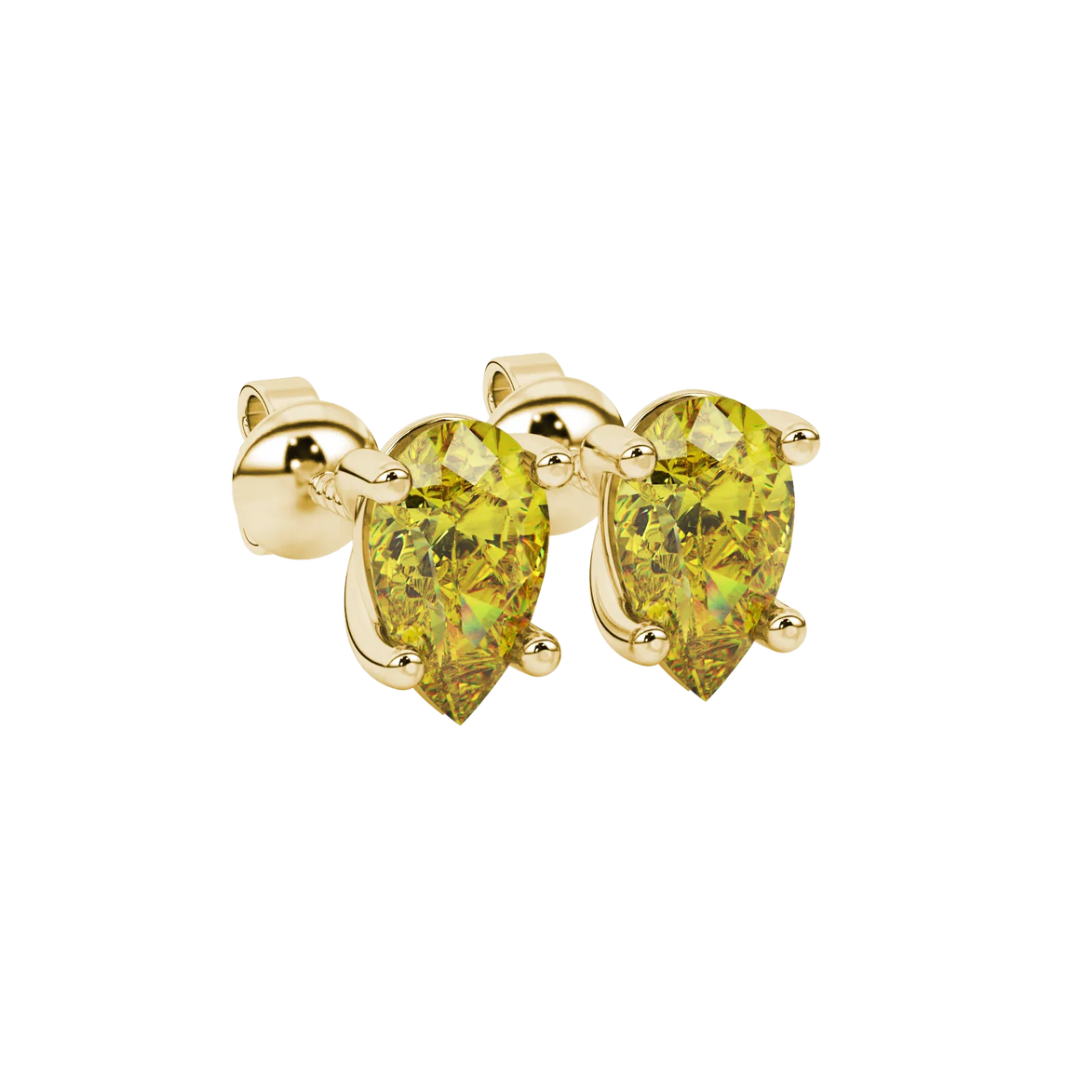 Close-up, pear shape canary yellow gemstone, yellow gold classic basket earrings.