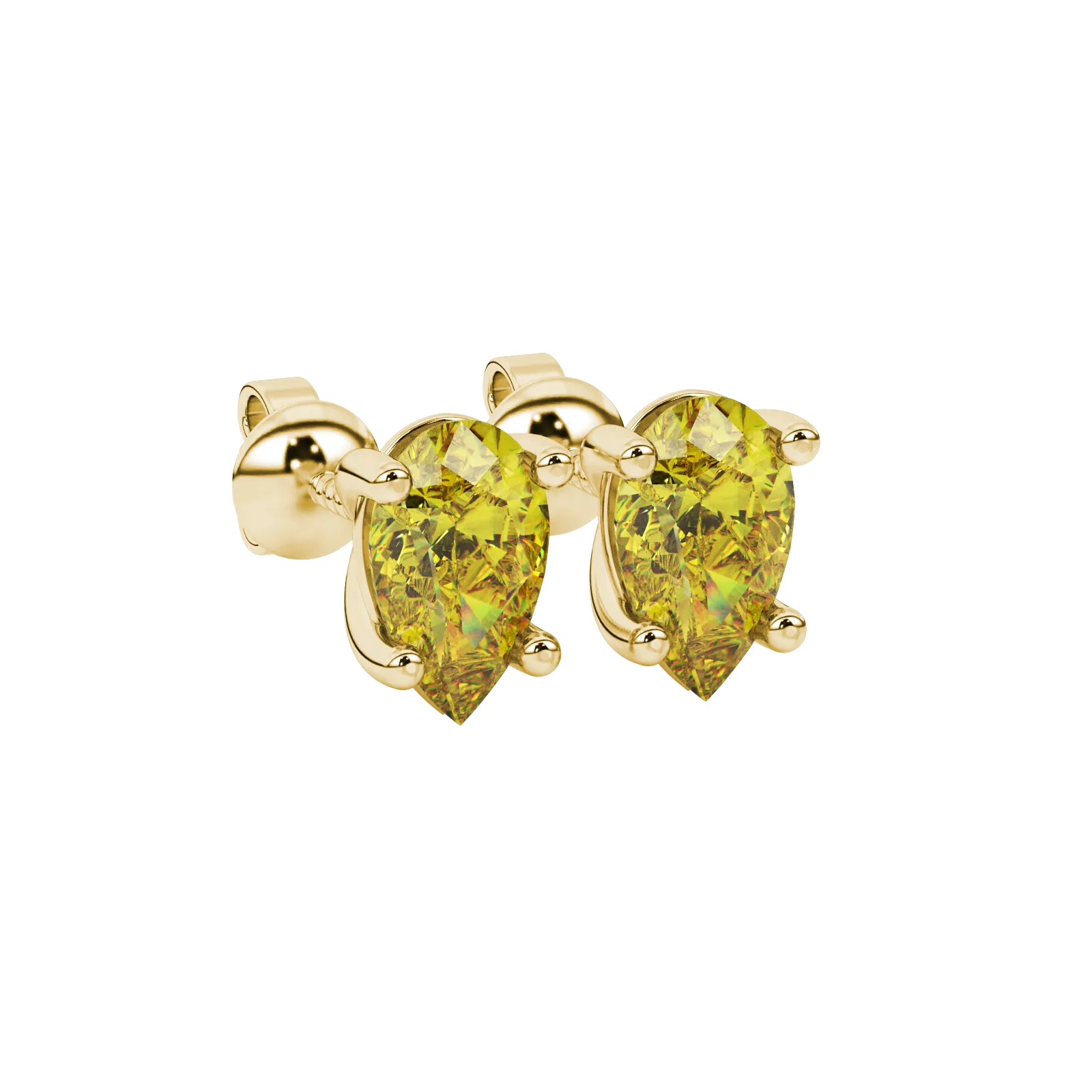 Close-up, pear shape canary yellow gemstone, yellow gold classic basket earrings.