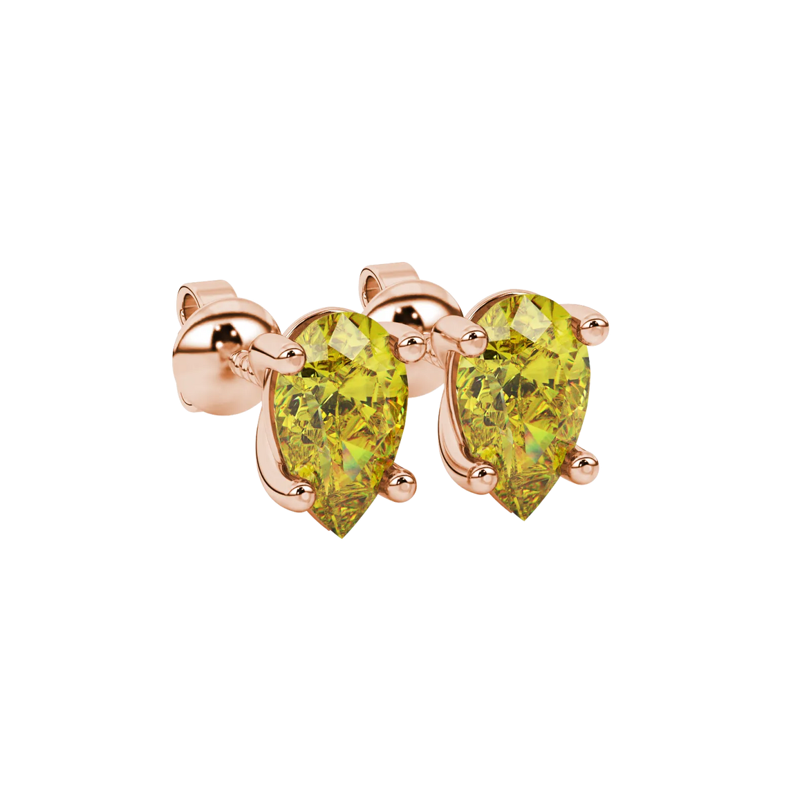 Close-up, pear shape canary yellow gemstone earrings, rose gold classic basket.