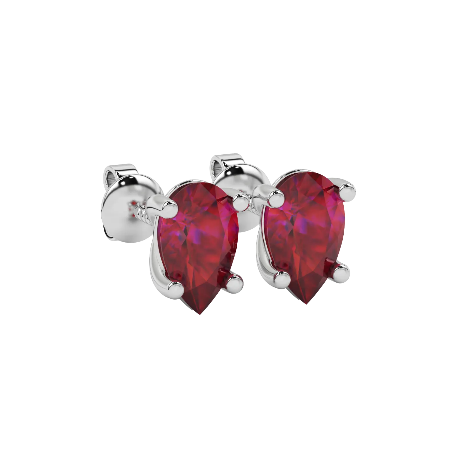 Close-up raspberry red gemstone, white gold classic basket.