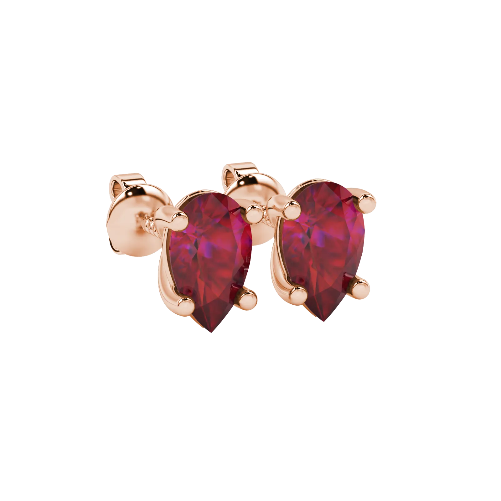 Close-up, pear shape raspberry red gemstone earrings, rose gold classic basket.